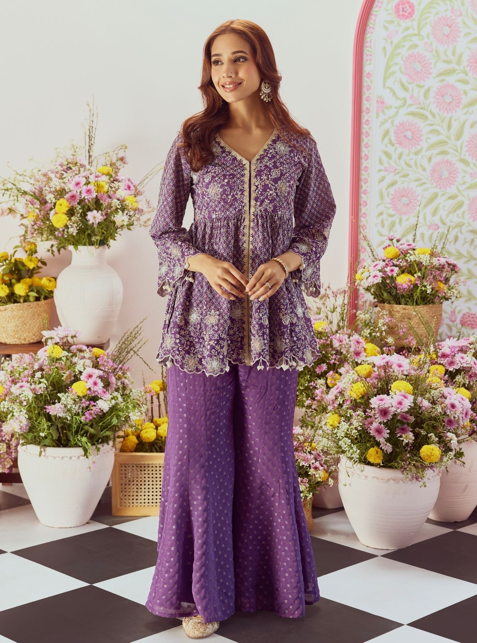 Mulmul Banarsi Ghunghroo Purple Top With Mulmul Banarsi Ghunghroo Purple Sharara