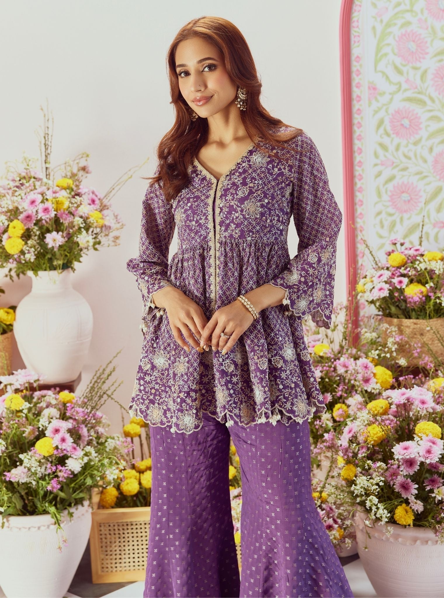 Mulmul Banarsi Ghunghroo Purple Top With Mulmul Banarsi Ghunghroo Purple Sharara