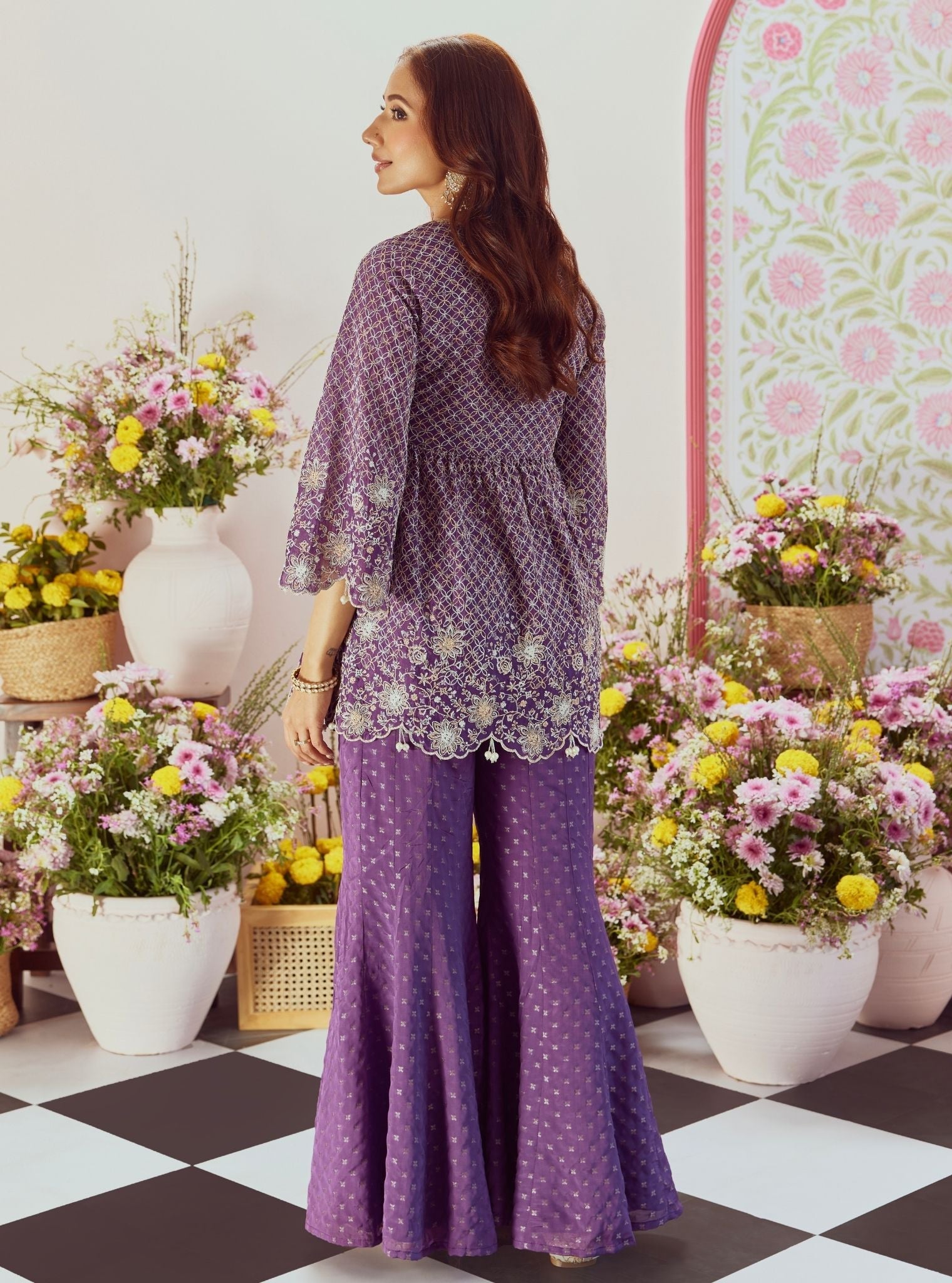 Mulmul Banarsi Ghunghroo Purple Top With Mulmul Banarsi Ghunghroo Purple Sharara