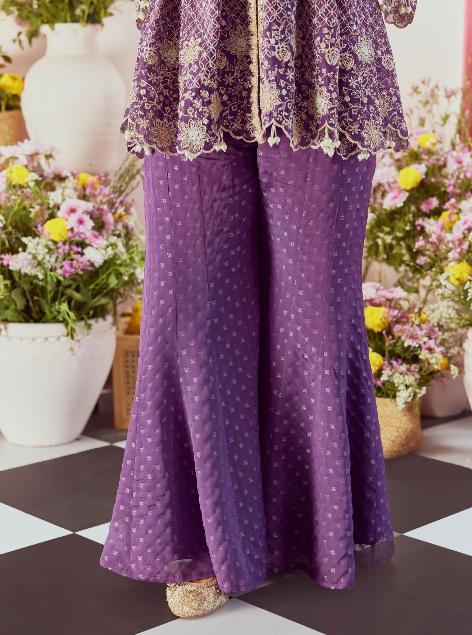 Mulmul Banarsi Ghunghroo Purple Top With Mulmul Banarsi Ghunghroo Purple Sharara