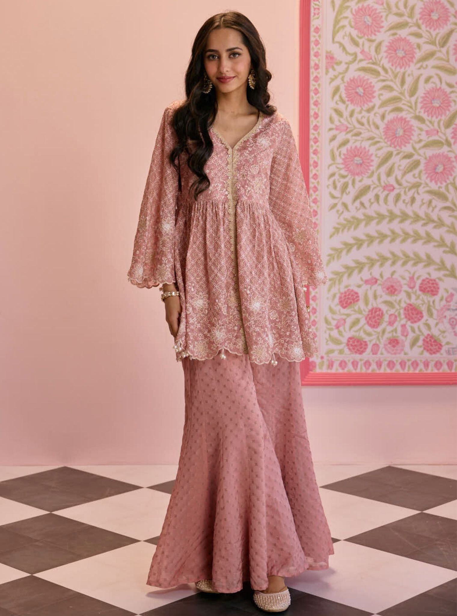 Mulmul Banarsi Ghunghroo Pink Top With Mulmul Banarsi Ghunghroo Pink Sharara