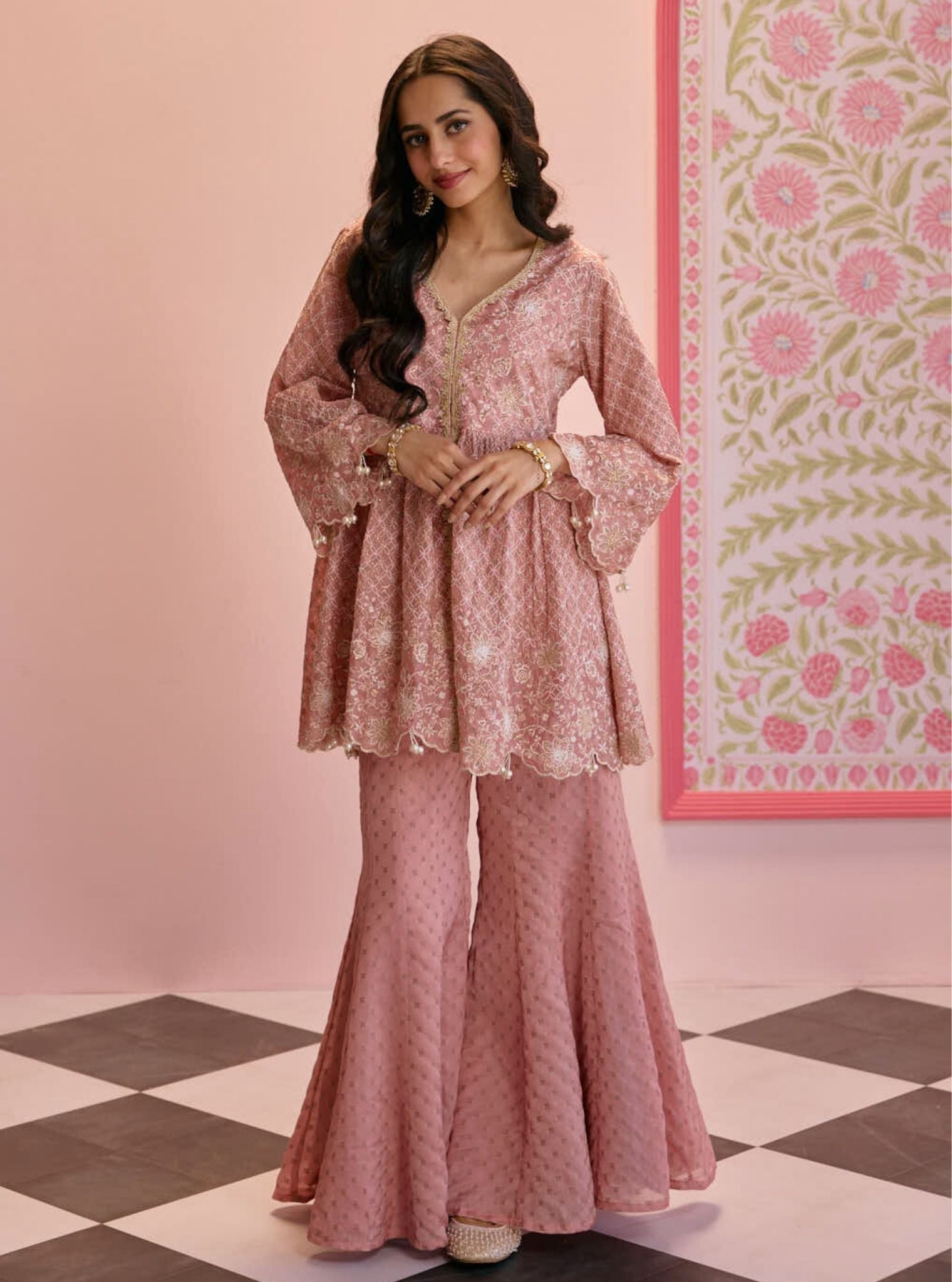 Mulmul Banarsi Ghunghroo Pink Top With Mulmul Banarsi Ghunghroo Pink Sharara