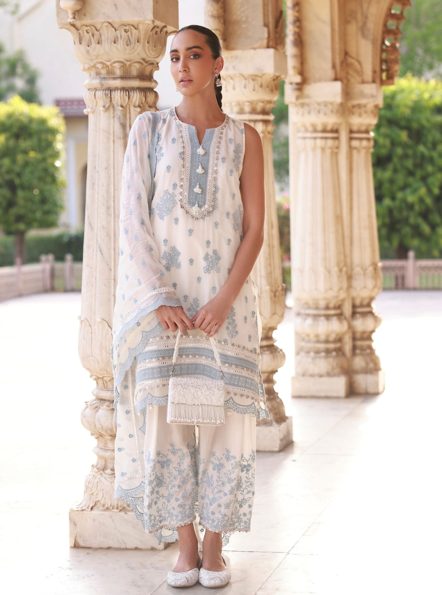 Taveli Organza Off-White & Blue Kurta Set