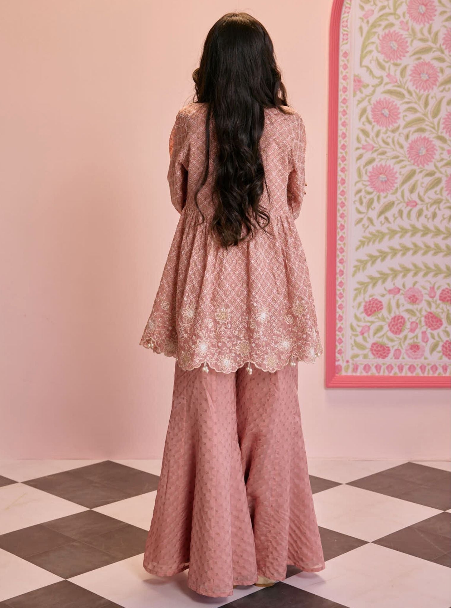 Mulmul Banarsi Ghunghroo Pink Top With Mulmul Banarsi Ghunghroo Pink Sharara