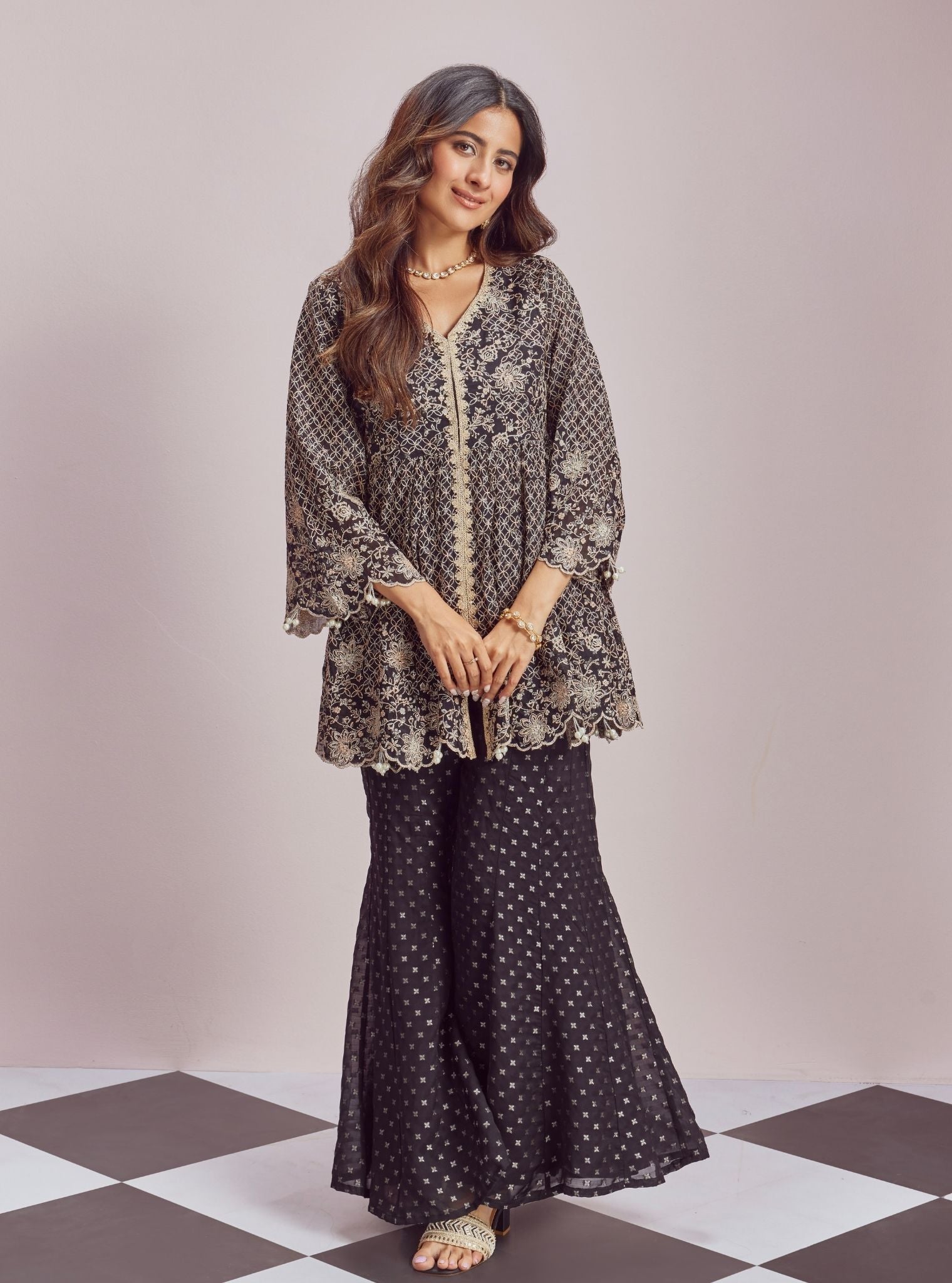 Mulmul Banarsi Ghunghroo Black Top With Mulmul Banarsi Ghunghroo Black Sharara