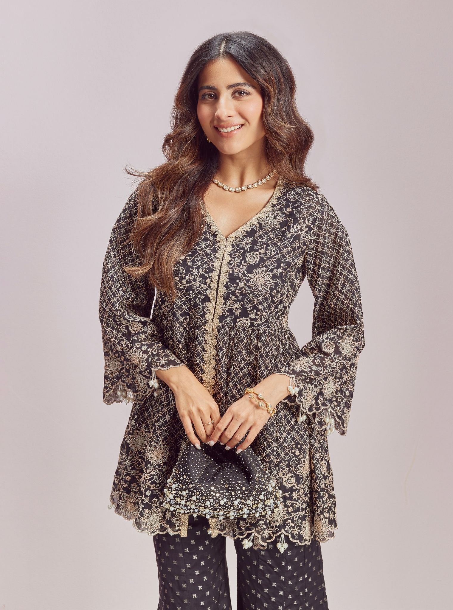 Mulmul Banarsi Ghunghroo Black Top With Mulmul Banarsi Ghunghroo Black Sharara