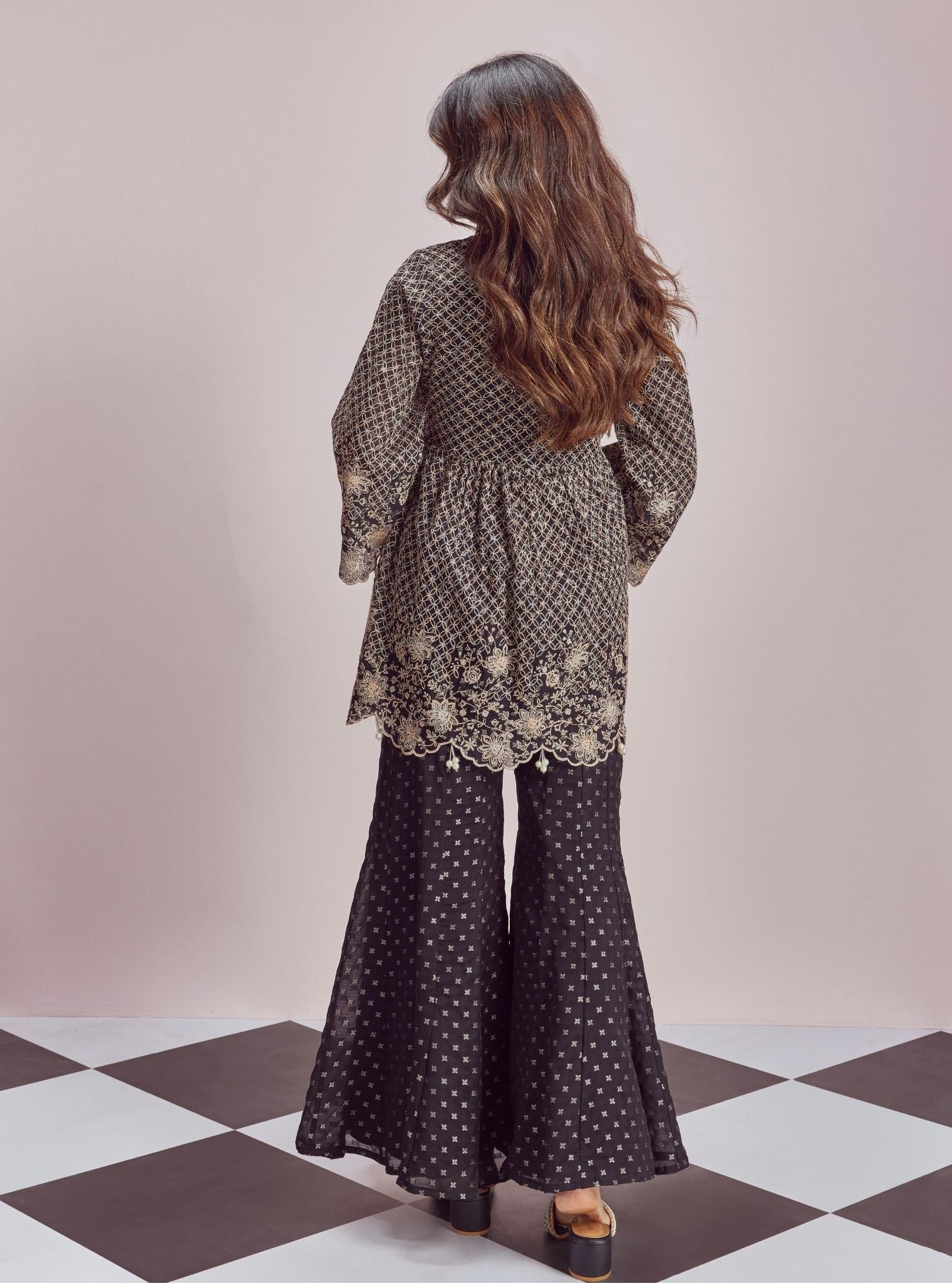 Mulmul Banarsi Ghunghroo Black Top With Mulmul Banarsi Ghunghroo Black Sharara