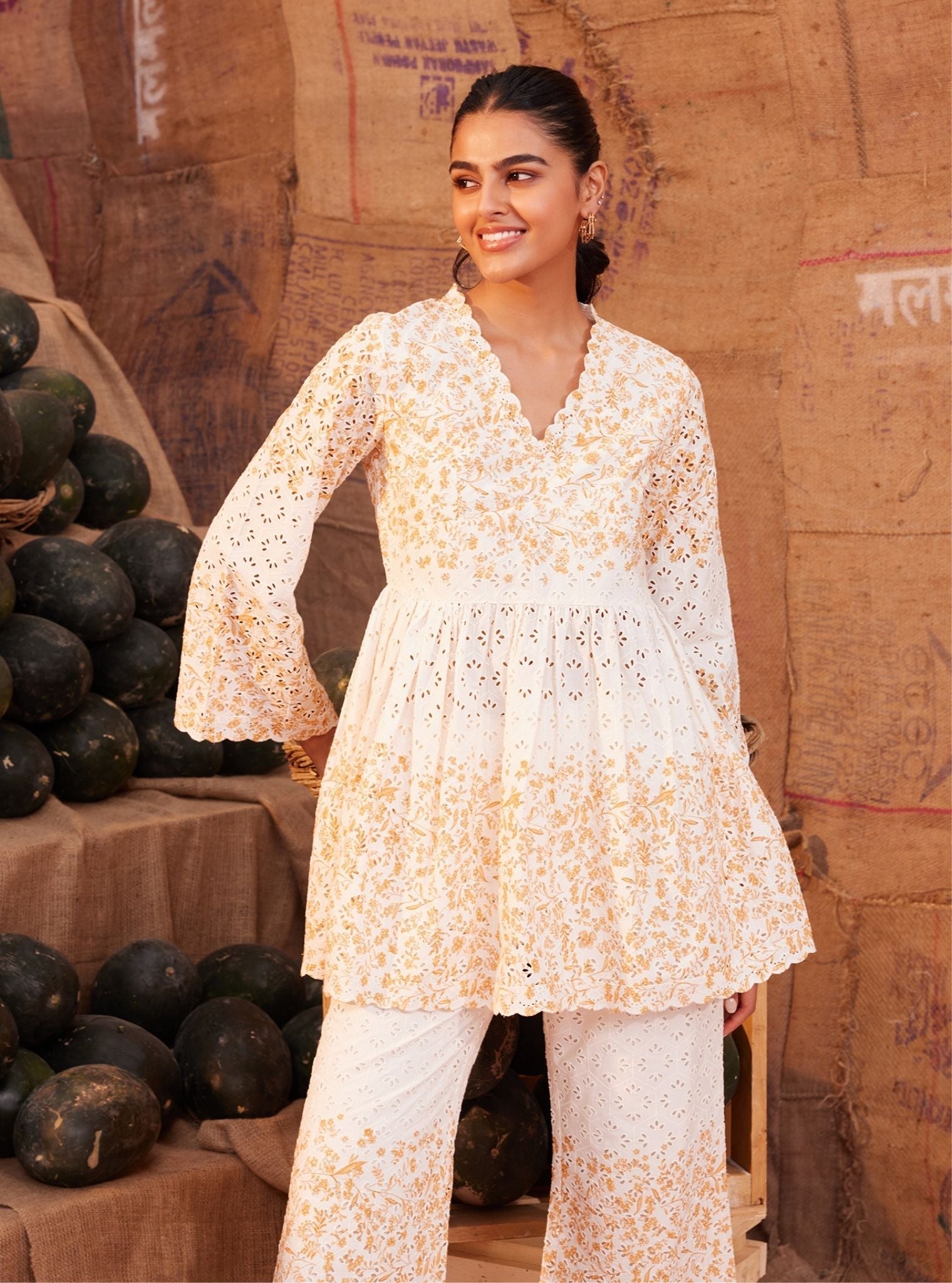 Frida Cotton Off White Orange Print Co-ord Set