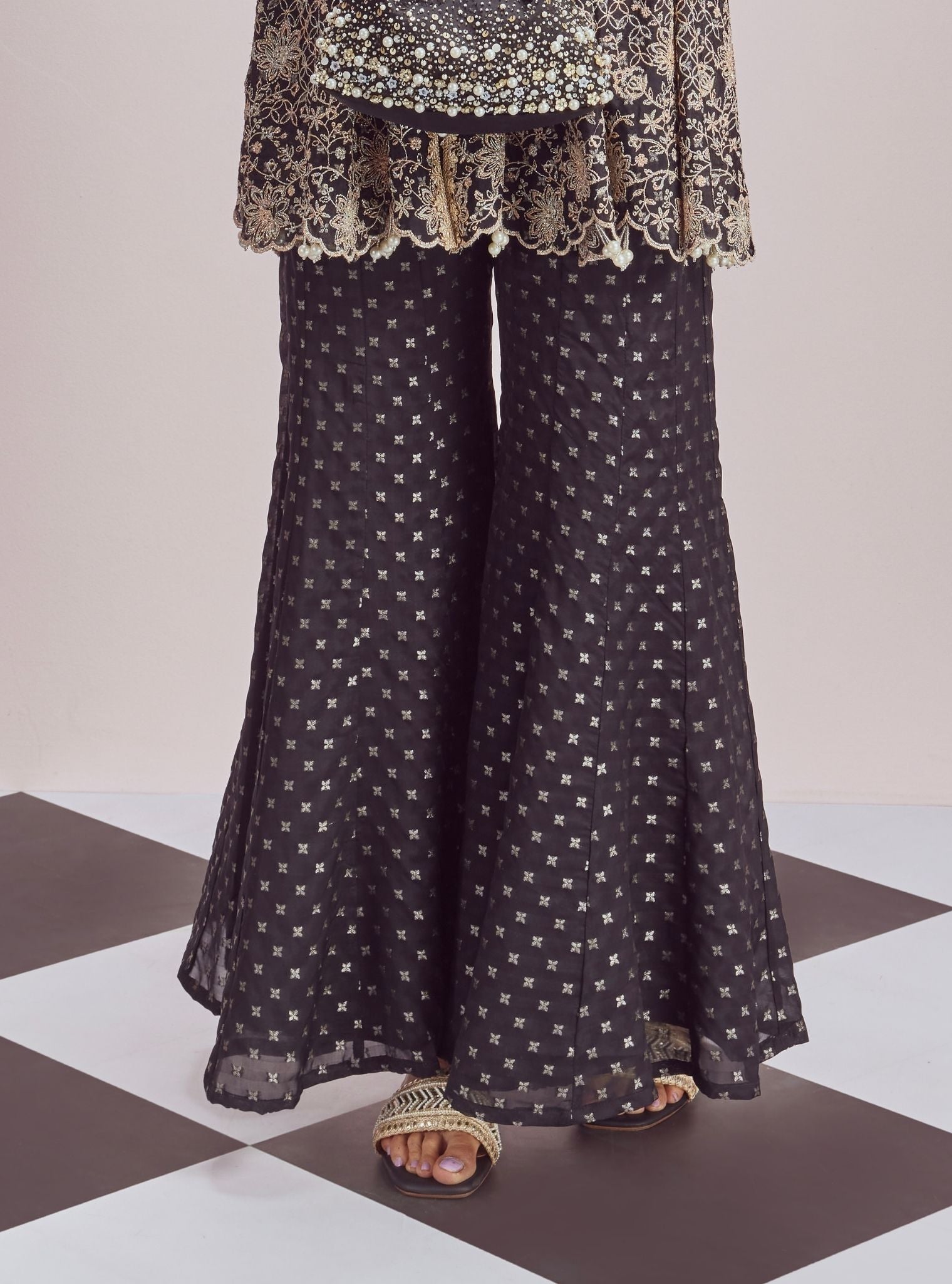 Mulmul Banarsi Ghunghroo Black Top With Mulmul Banarsi Ghunghroo Black Sharara