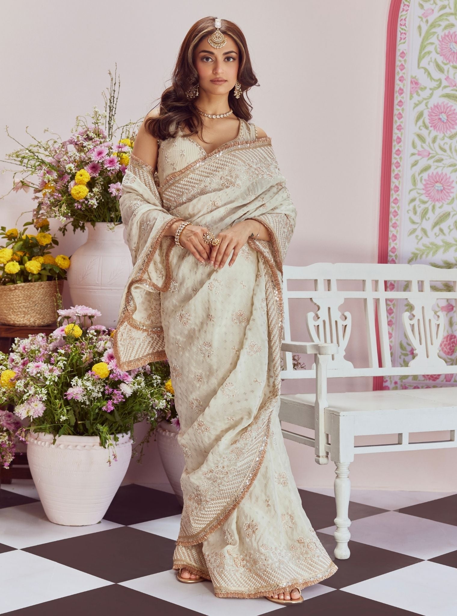 Mulmul Banarsi lagan Off White Saree