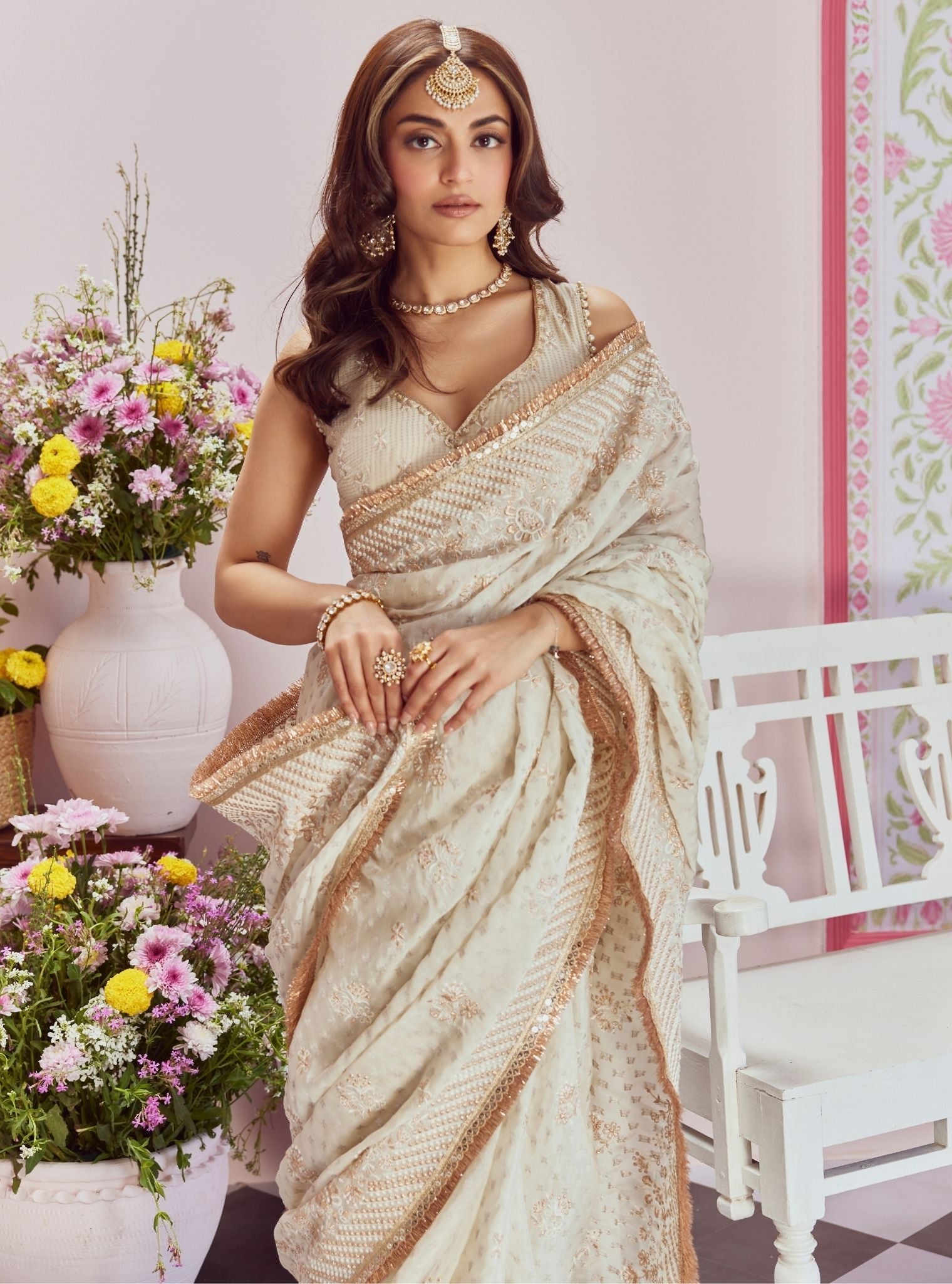 Mulmul Banarsi lagan Off White Saree
