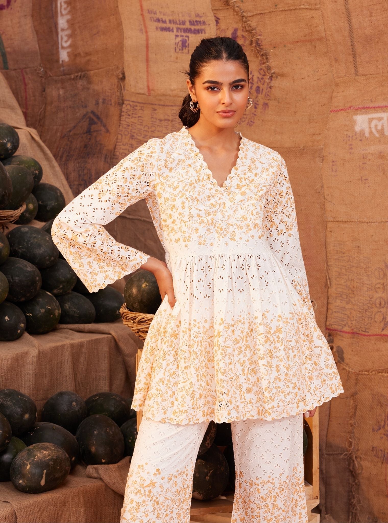 Frida Cotton Off White Orange Print Co-ord Set