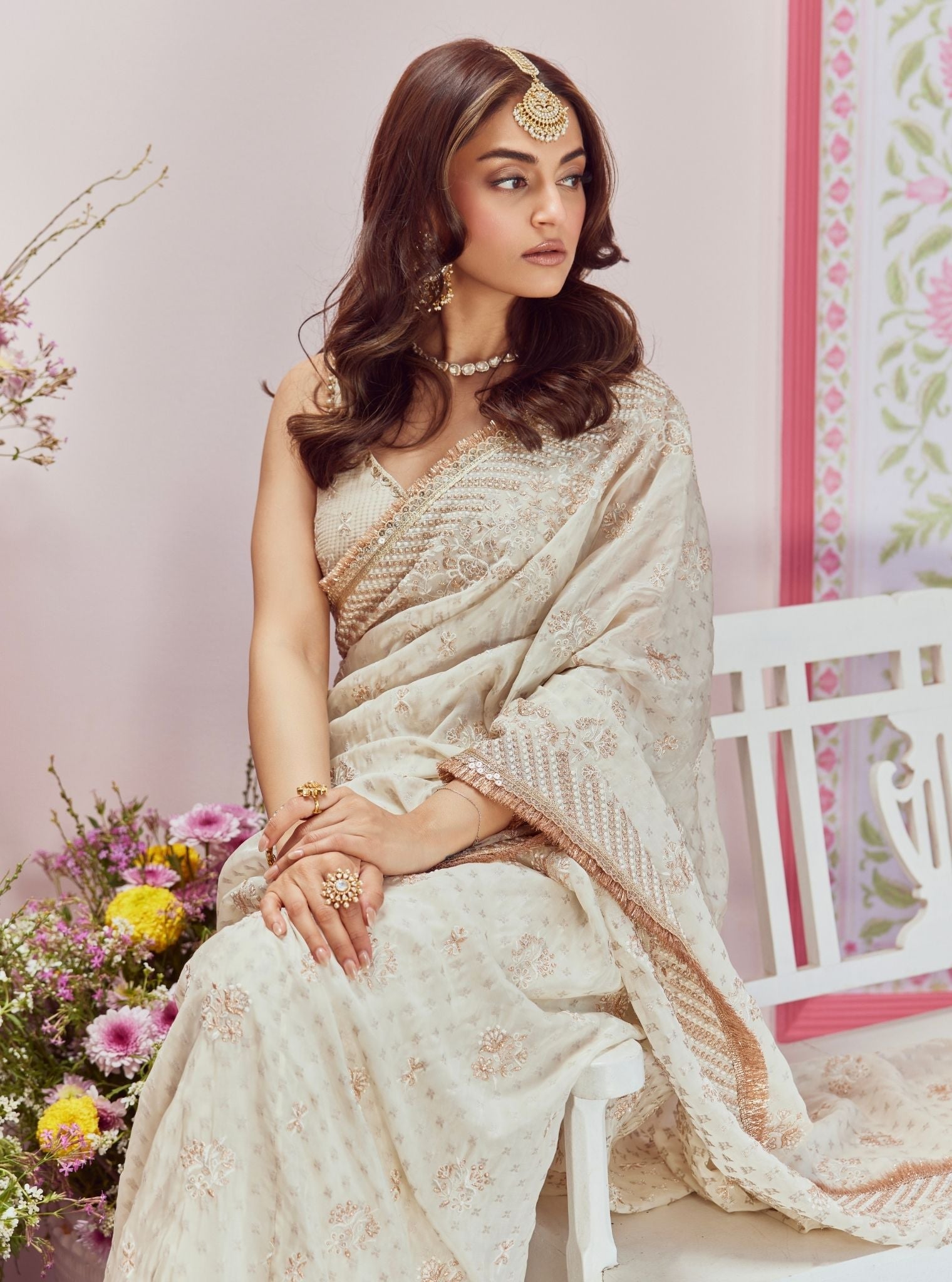 Mulmul Banarsi lagan Off White Saree