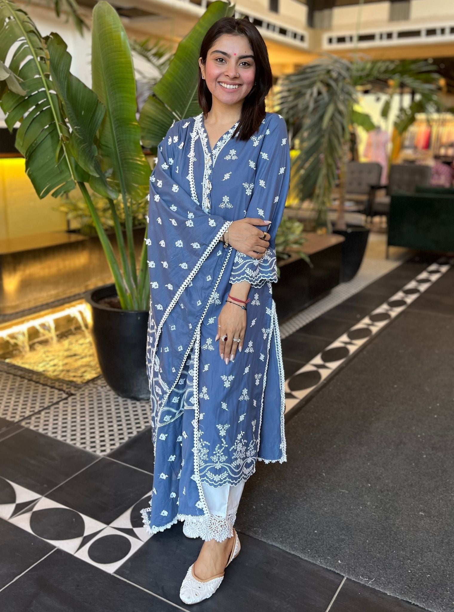 Mulmul Cotton Satari Navy Kurta With Mulmul Cotton Floral Chemical Lace White Pant