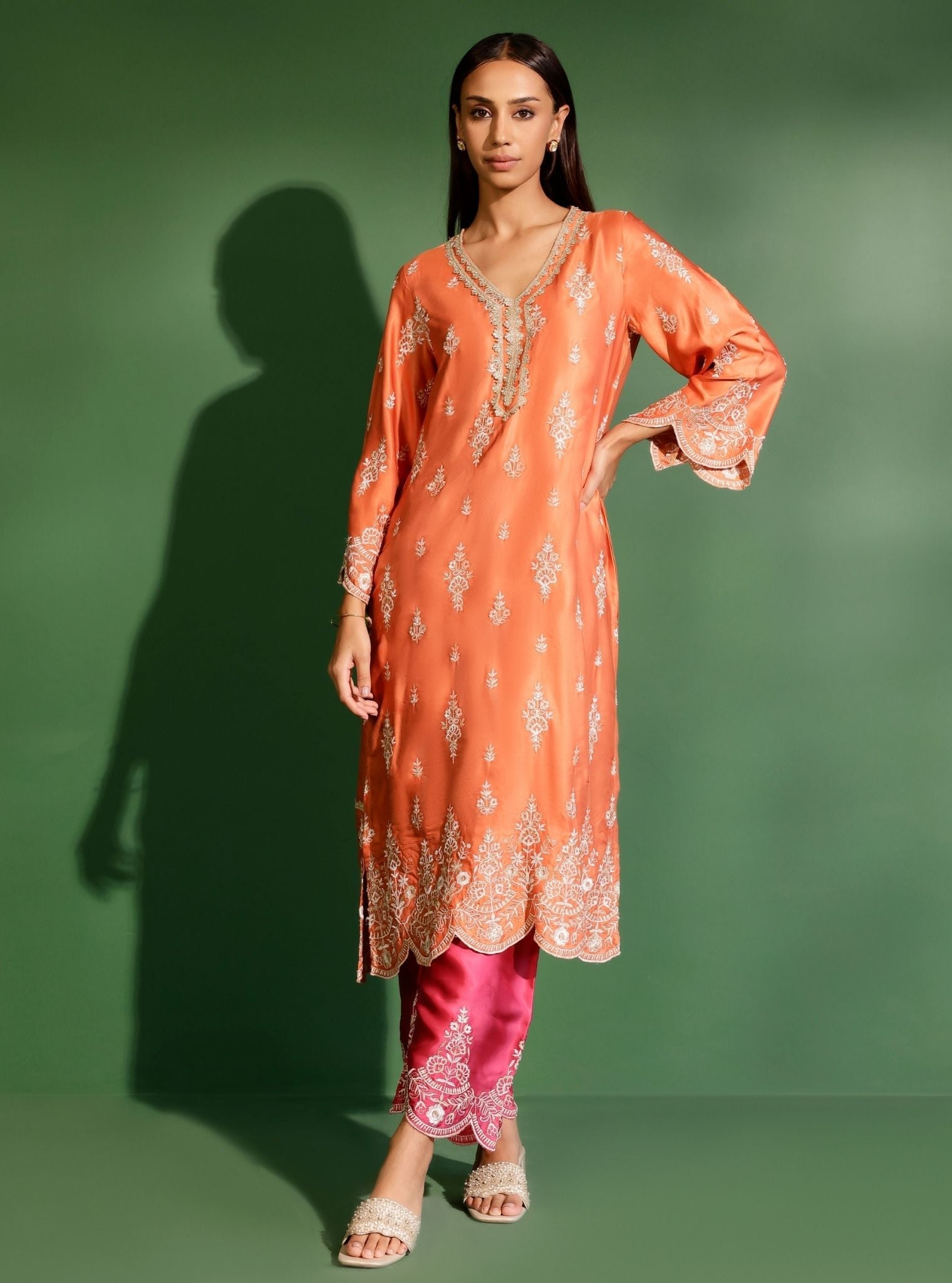 Emon Cupro Satin Burnt Orange Kurta With Fuschia Pant