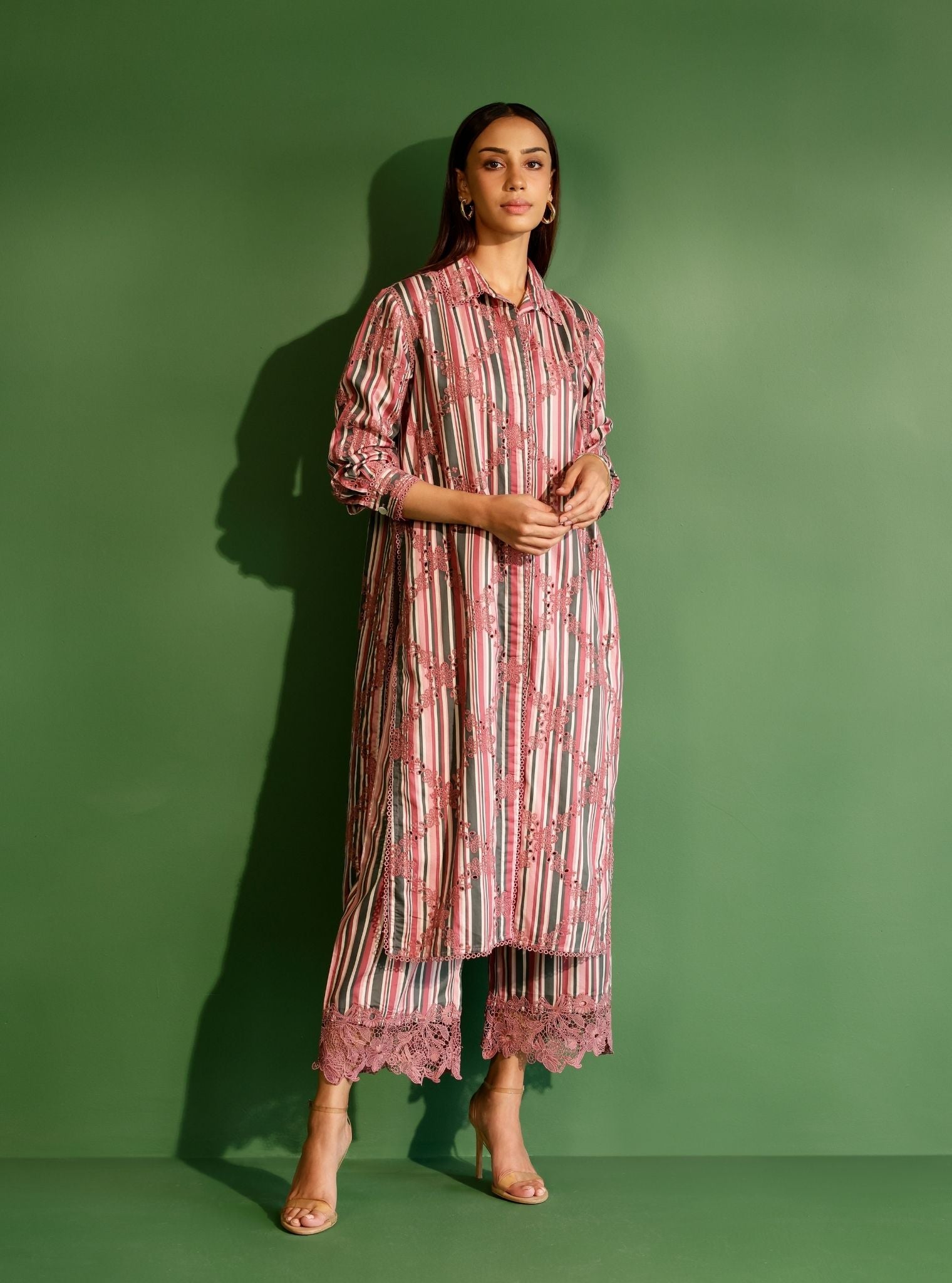 Joy Pima Satin Stripe Wine Kurta Set
