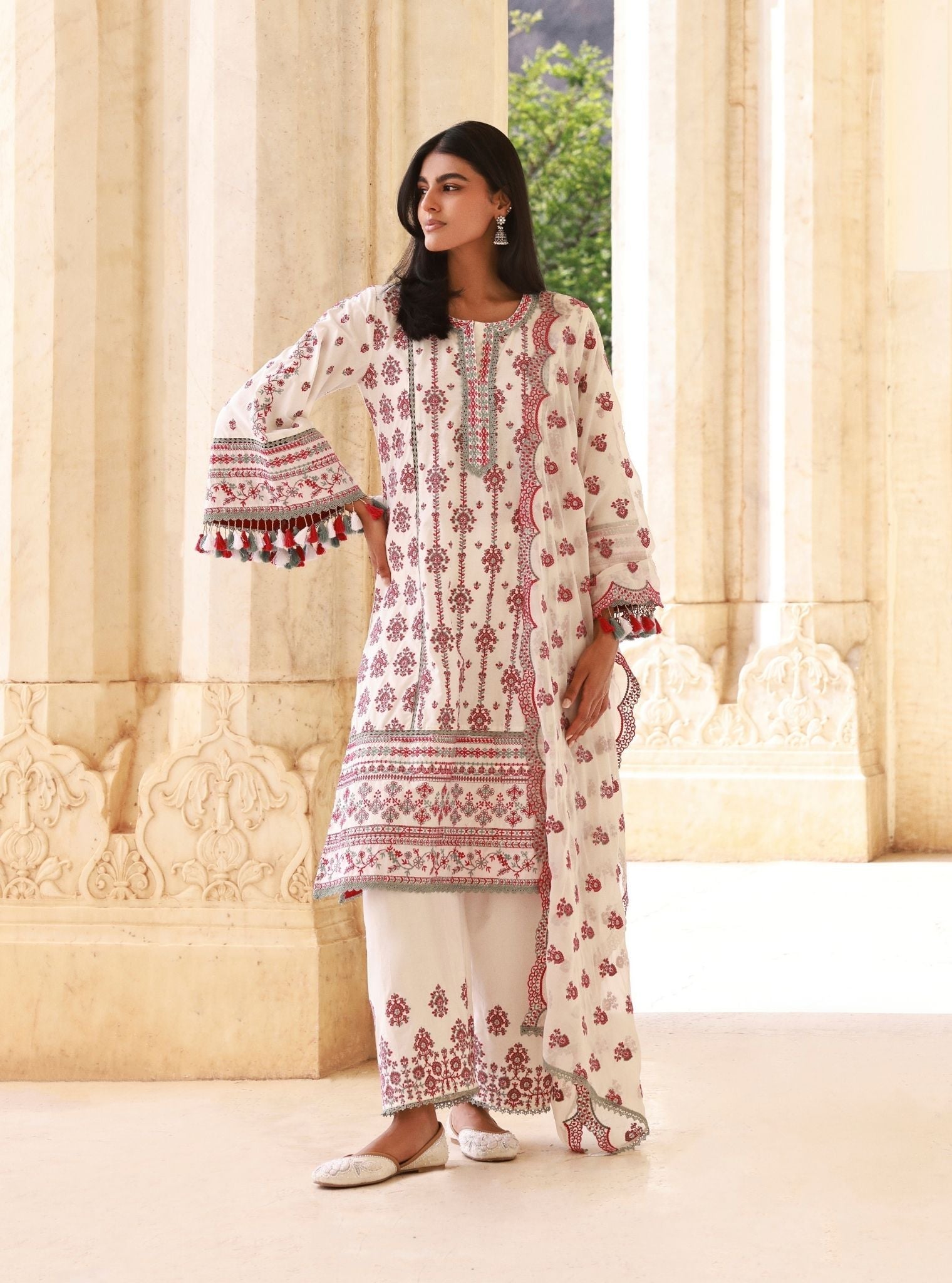 Lomeya Supima Cotton White & Fuschia Kurta Set