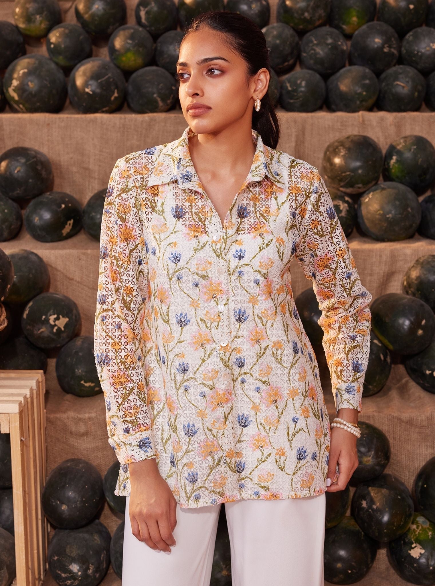 Lia Guipure White Printed Shirt