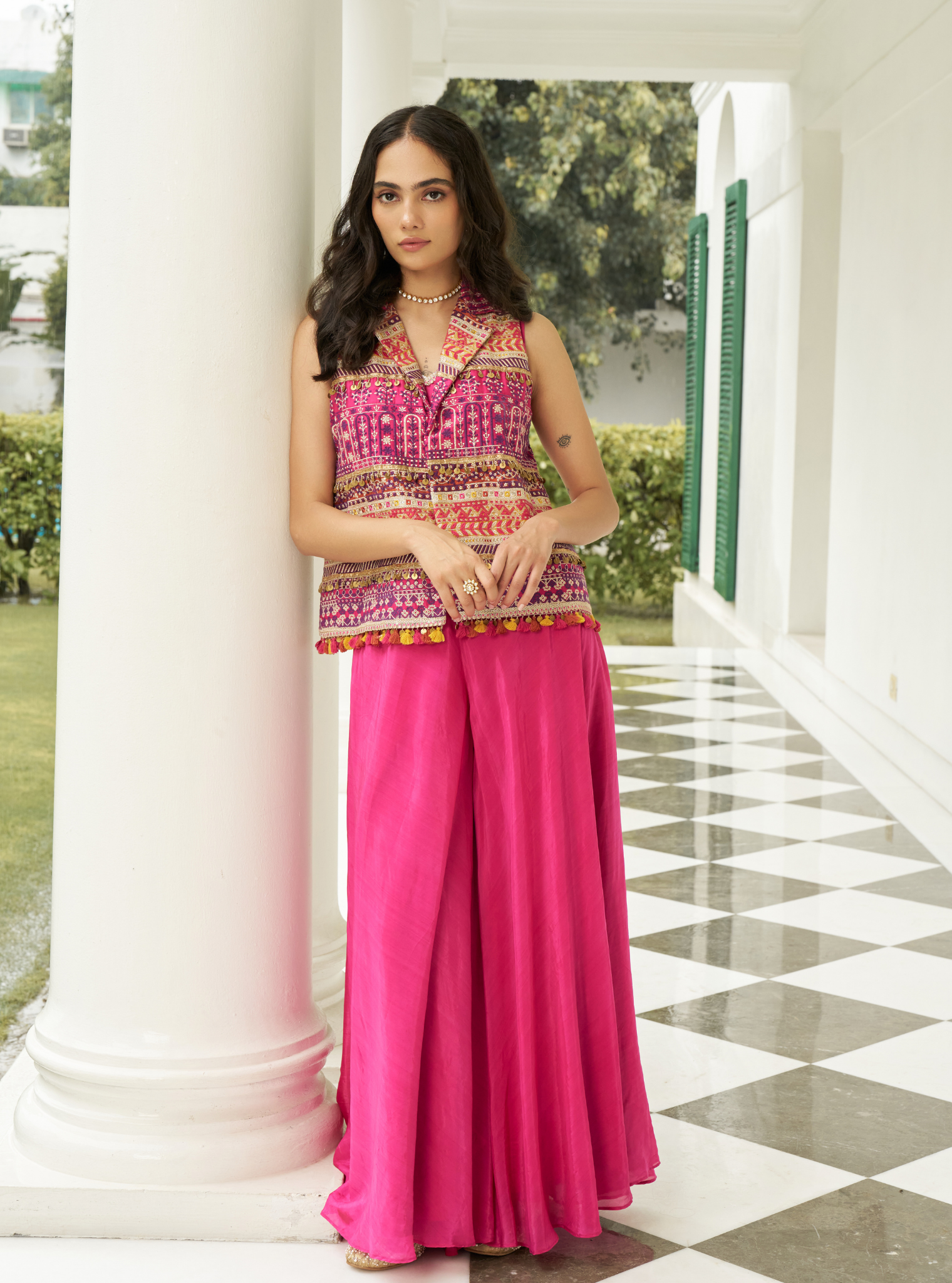 Paakhi Pima Satin Fuschia Jacket With Sharara