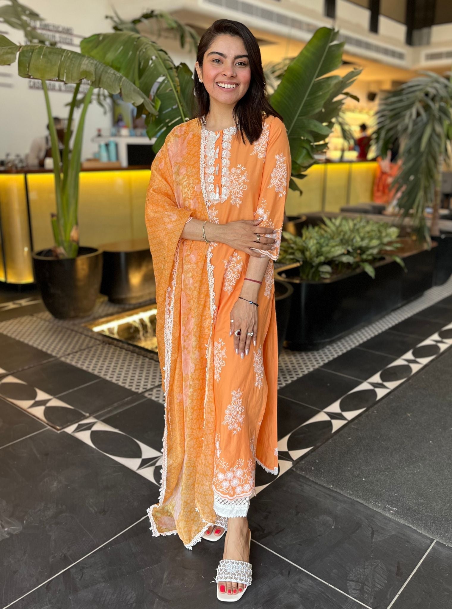 Perla Supima Cotton Orange Kurta With Floral Ladder Slim Pant