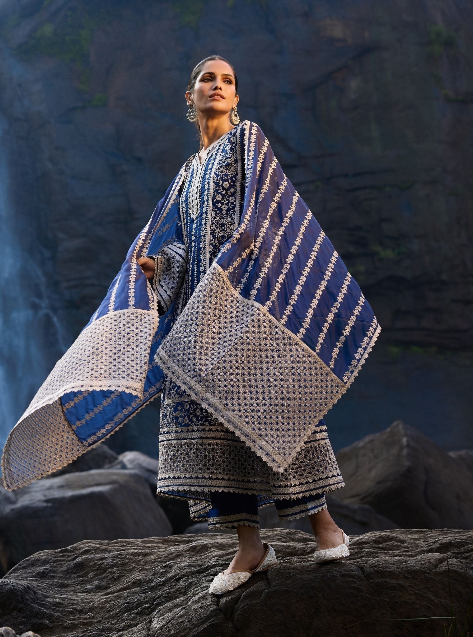 Katha Organza Navy Anarkali Kurta Set