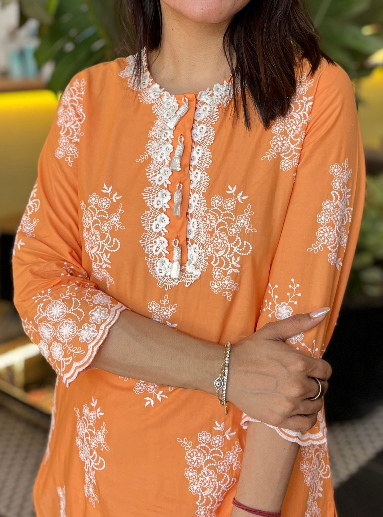 Perla Supima Cotton Orange Kurta With Floral Ladder Slim Pant