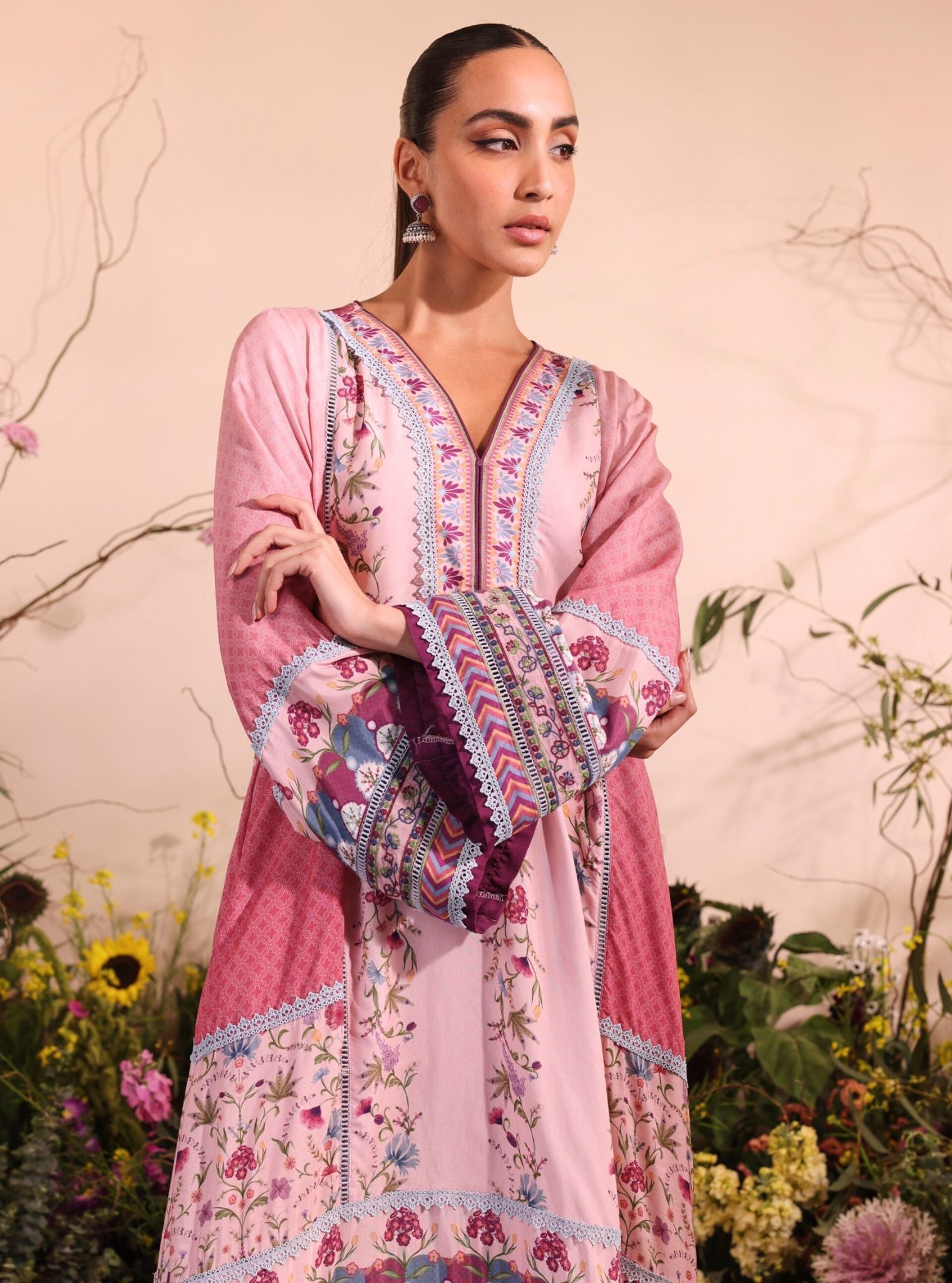 Mulmul Printed Ombre Lawn Yamini Pink Kurta With Mulmul Printed Ombre Lawn Yamini Pink Pant