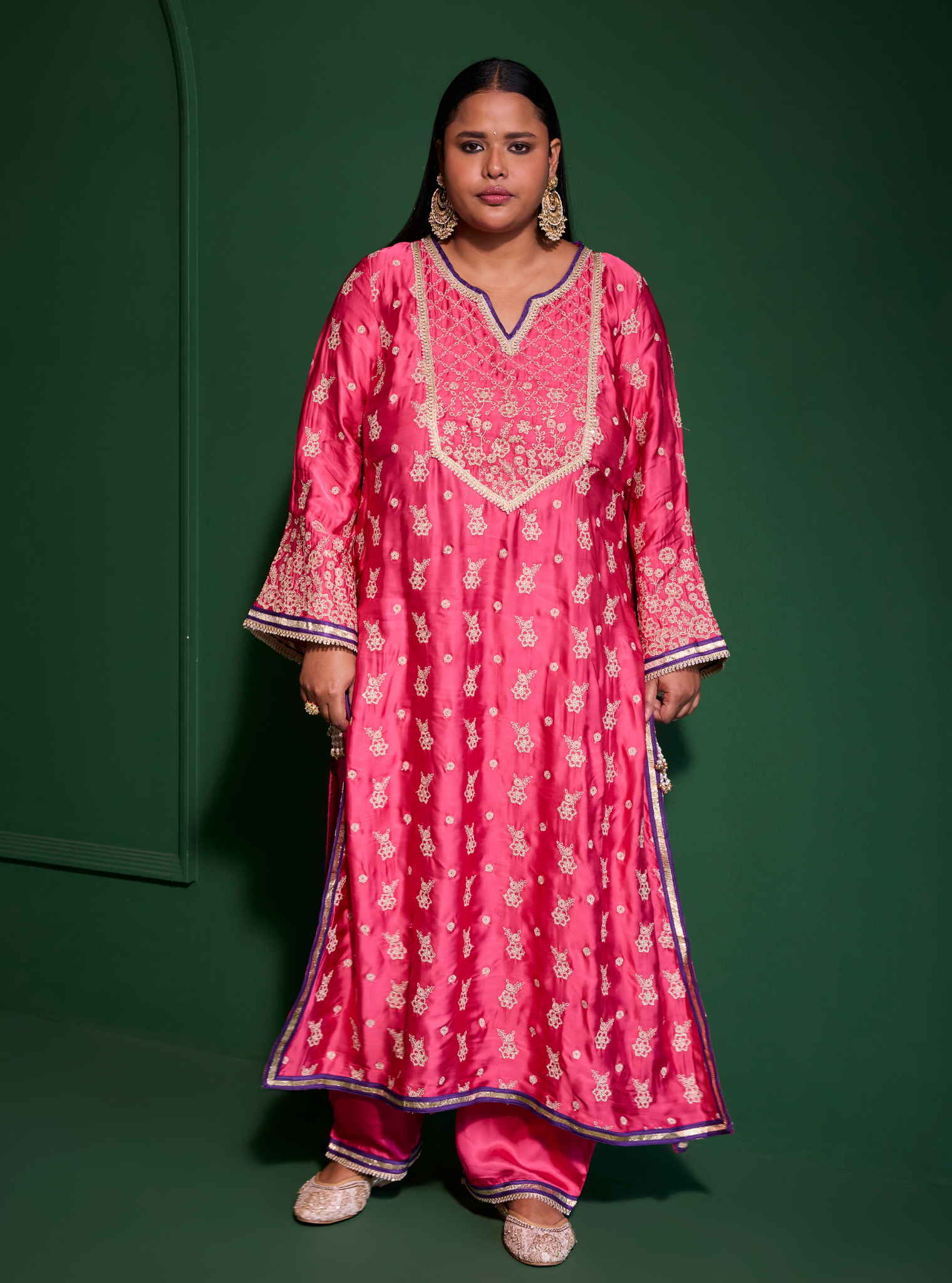 Nazakat Cupro Satin Fuschia Kurta Set