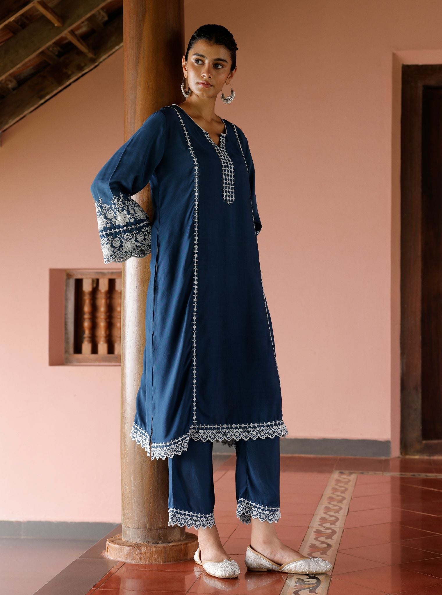Mulmul Lawn Mandara Navy Kurta With Mulmul Lawn Mandara Navy Pant