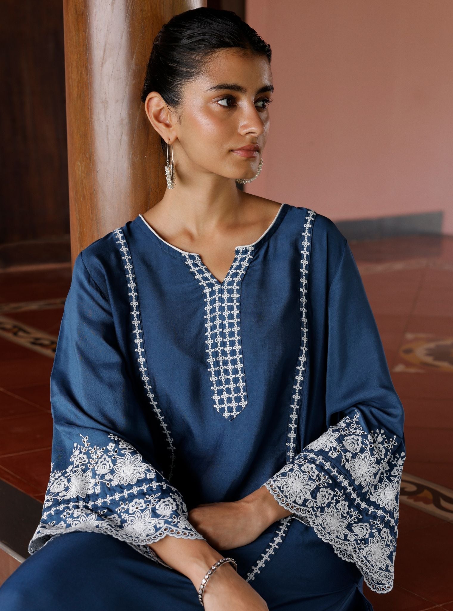 Mulmul Lawn Mandara Navy Kurta With Mulmul Lawn Mandara Navy Pant