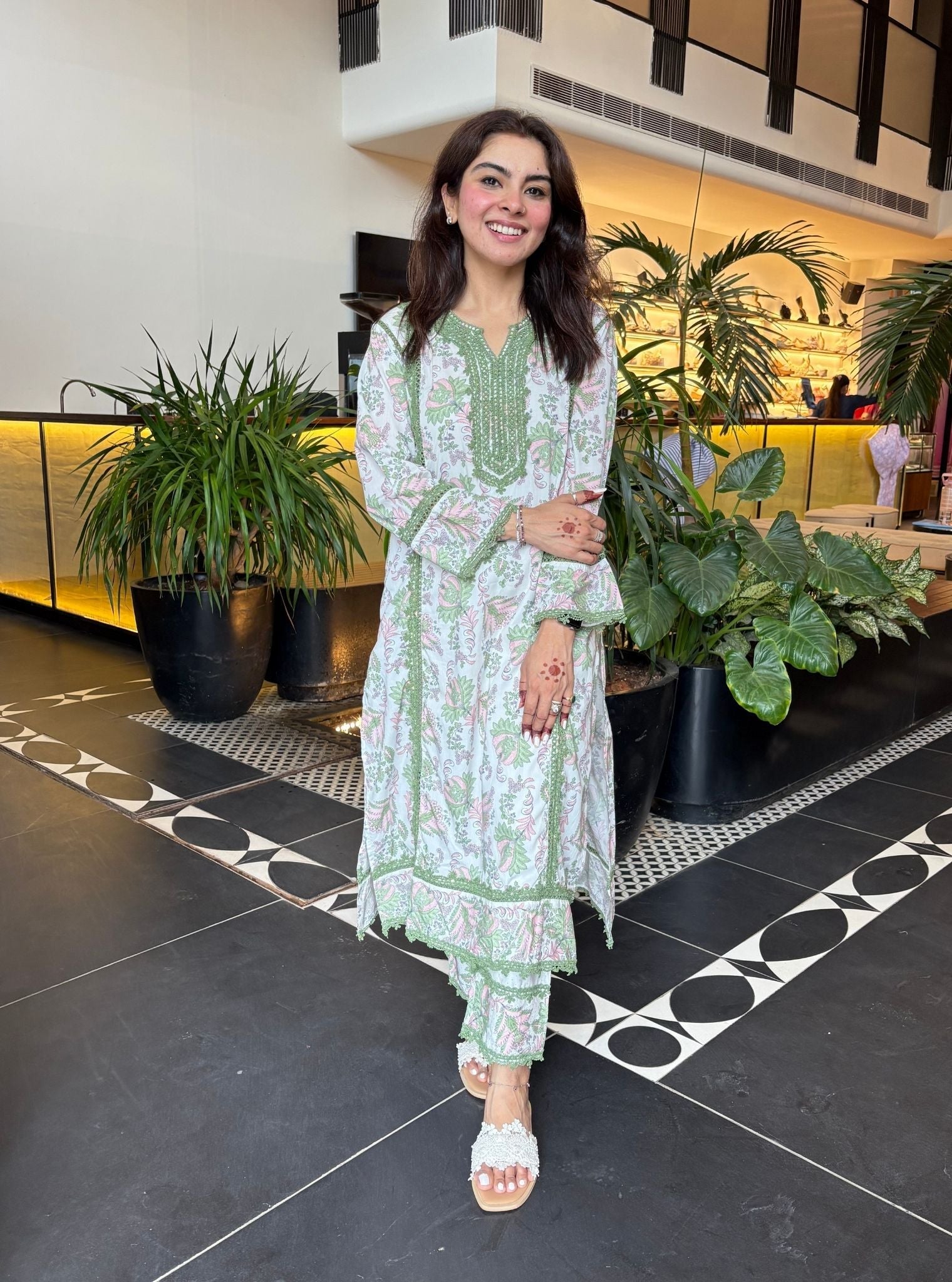 Mulmul Cotton Esti Green Kurta With Mulmul Esti Green Pant