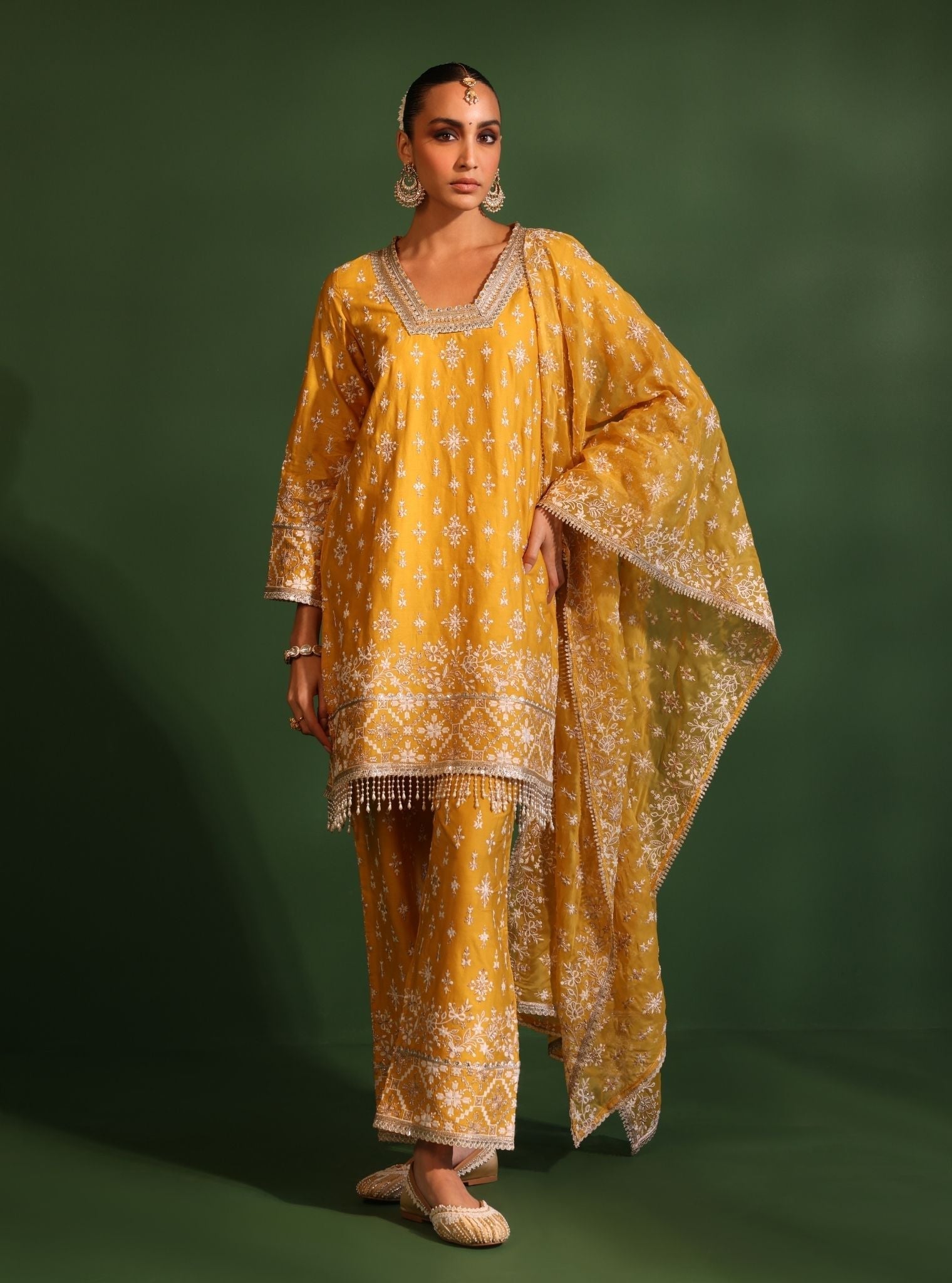 Kalander Pima Satin Yellow Kurta Set