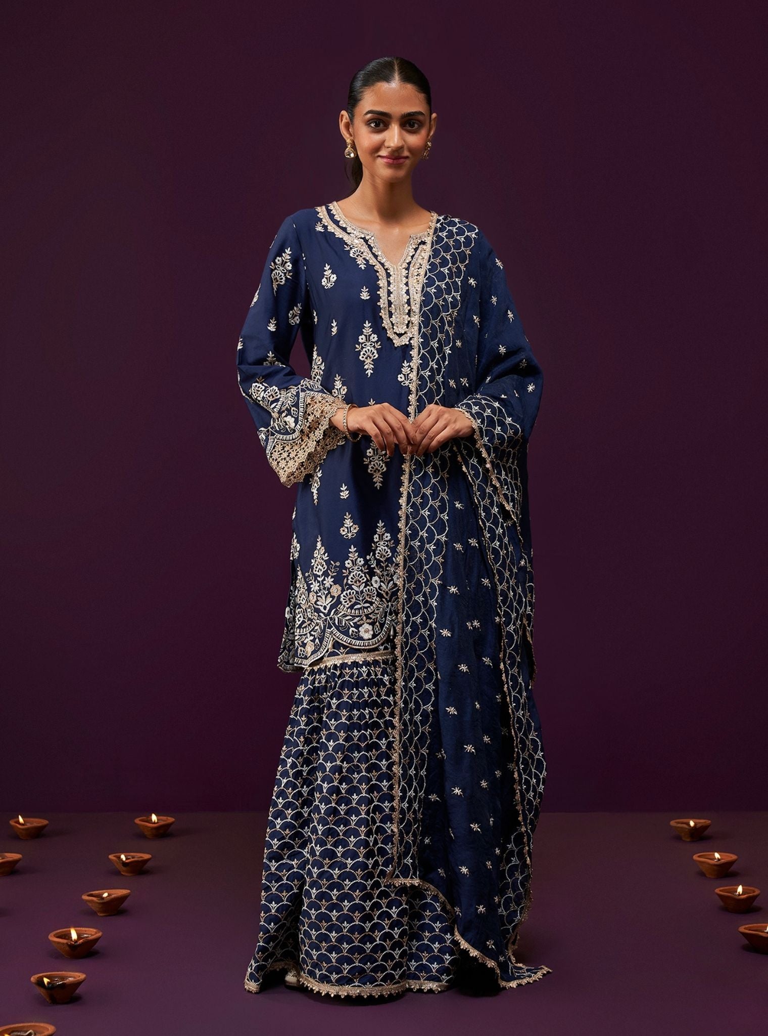 Mulmul Pima Satin Aree Navy Kurta With Mulmul Pima Satin Aree Navy Garara