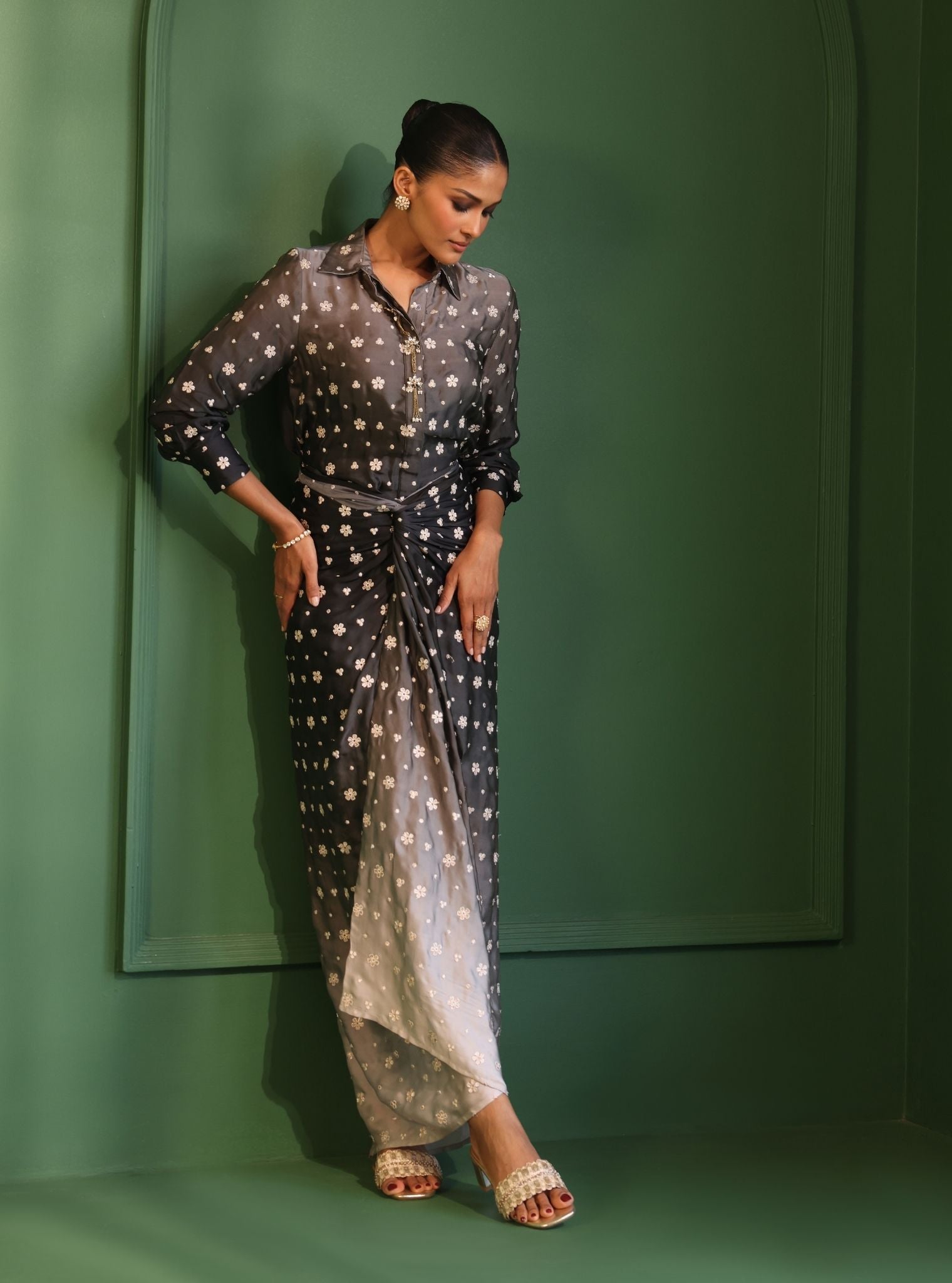 Husna Cupro Satin Ombre Black Co-ord Set