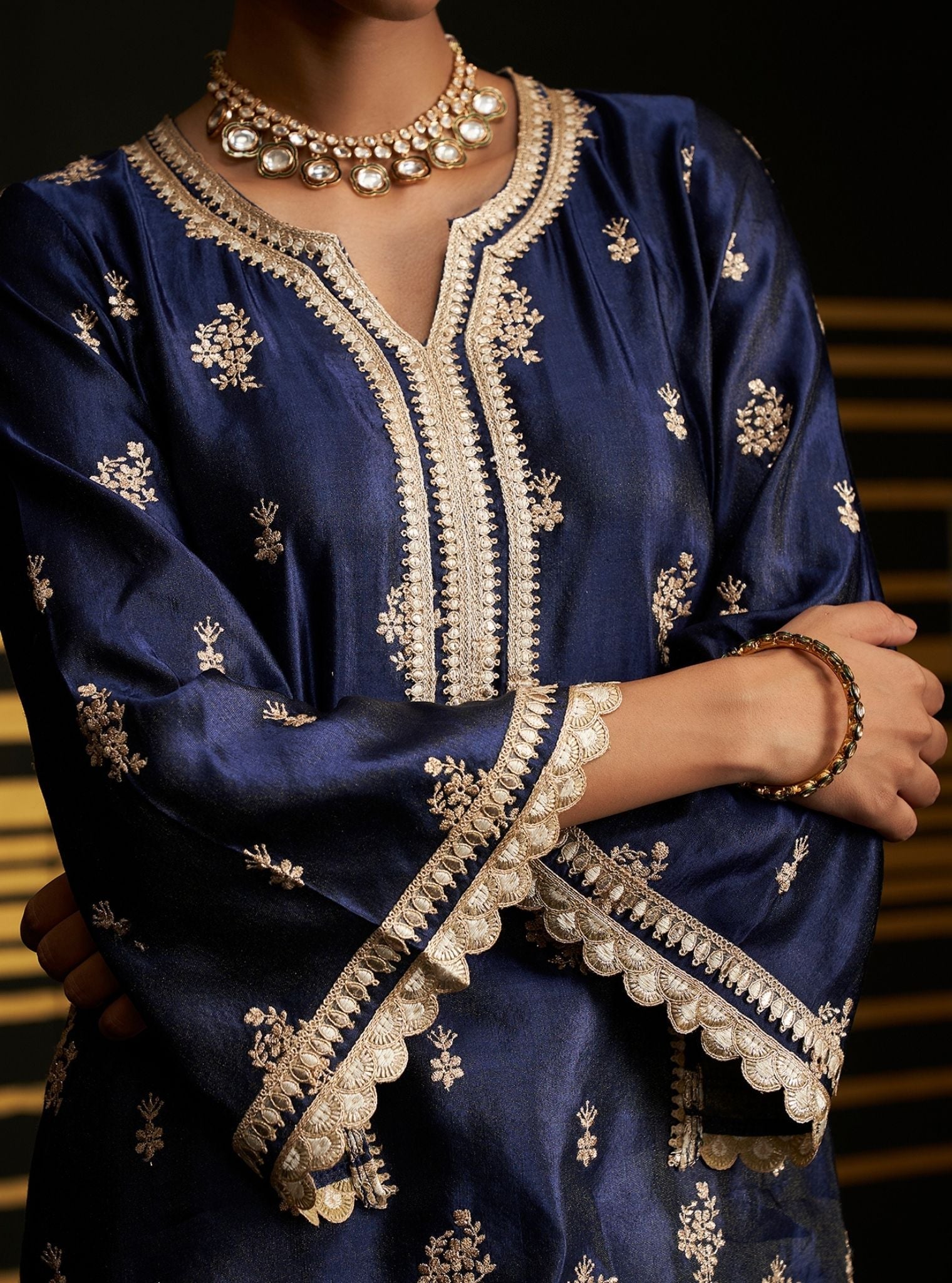 Vaari Luxe Tissue Satin Navy Kurta Set