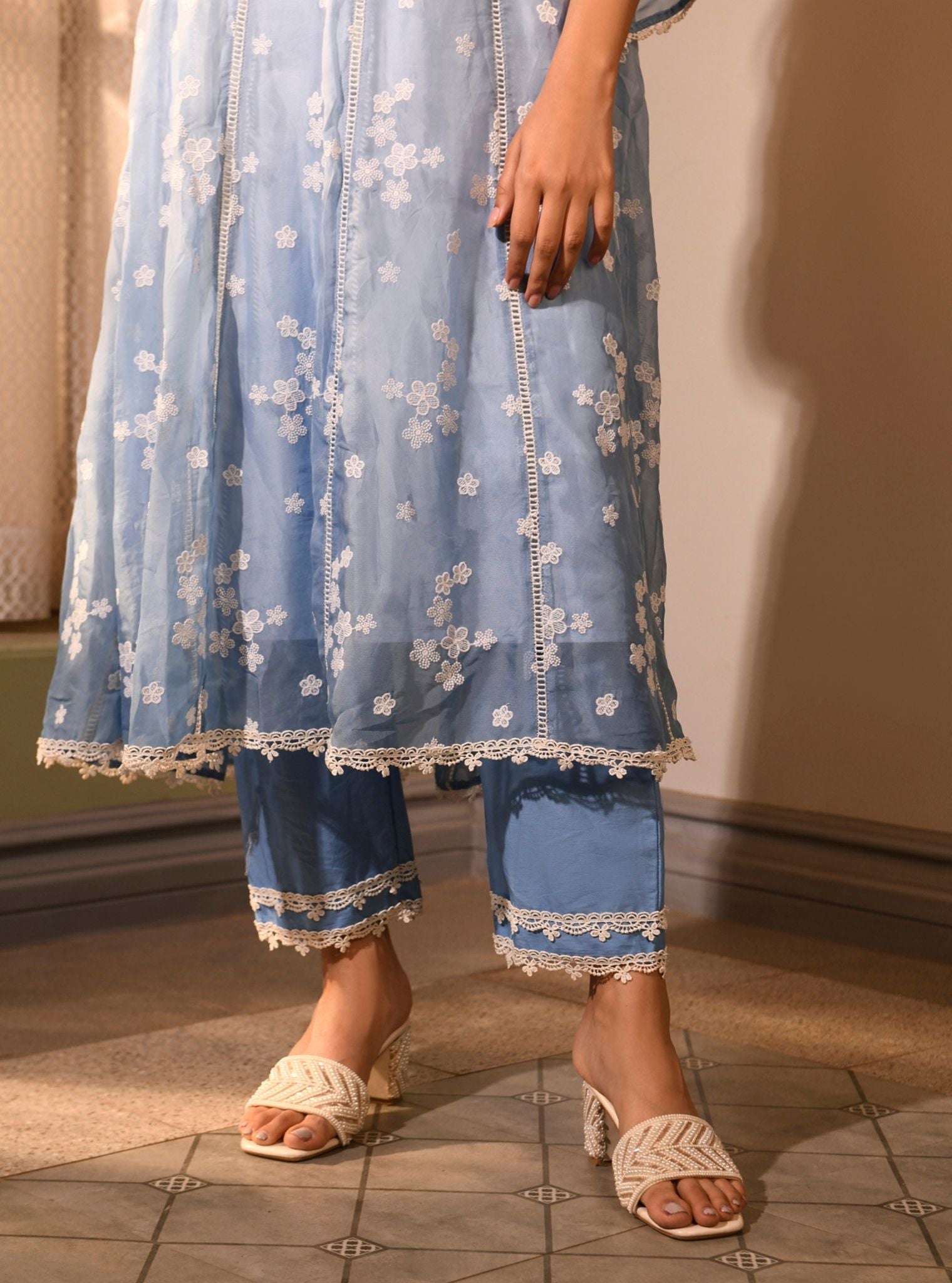 Mulmul Organza Aira Blue Anarkali Kurta With Mulmul Cotton Aira Blue Pant