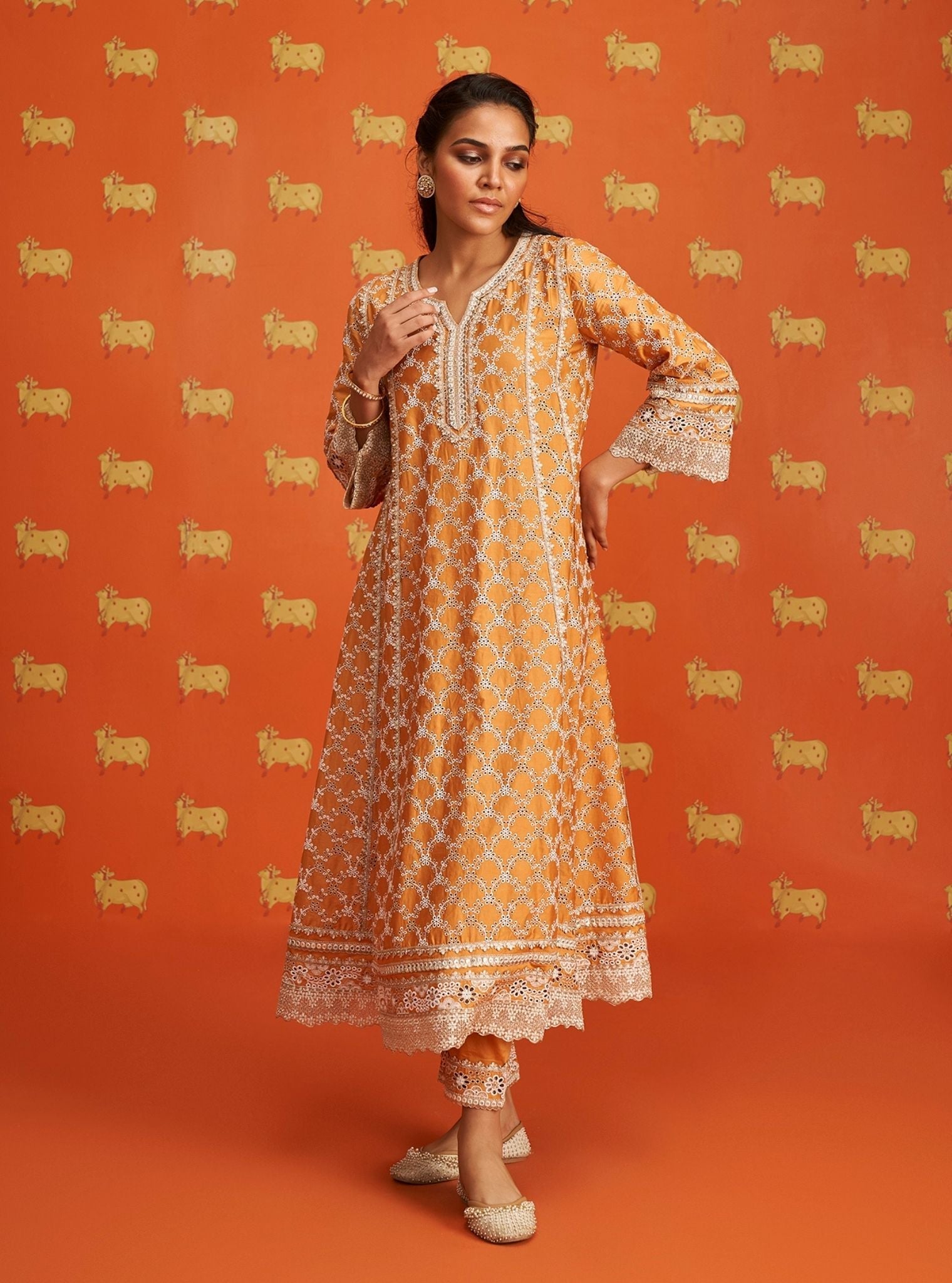 Caem Pima Satin Orange Kurta Set