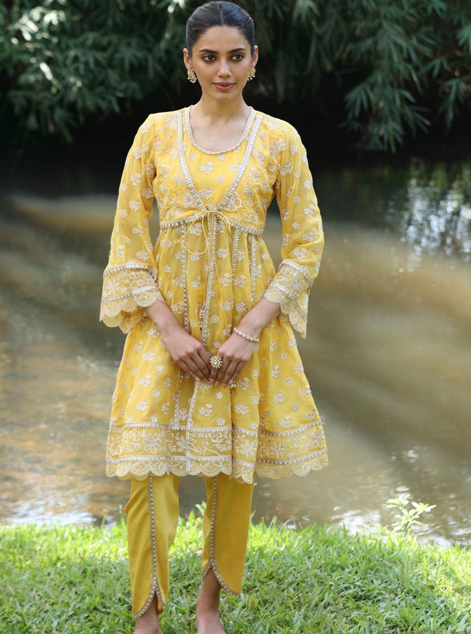 Mulmul Organza Gaatha Yellow Short Anarkali Kurta With Mulmul Pima Satin Gaatha Yellow Dhoti Pant