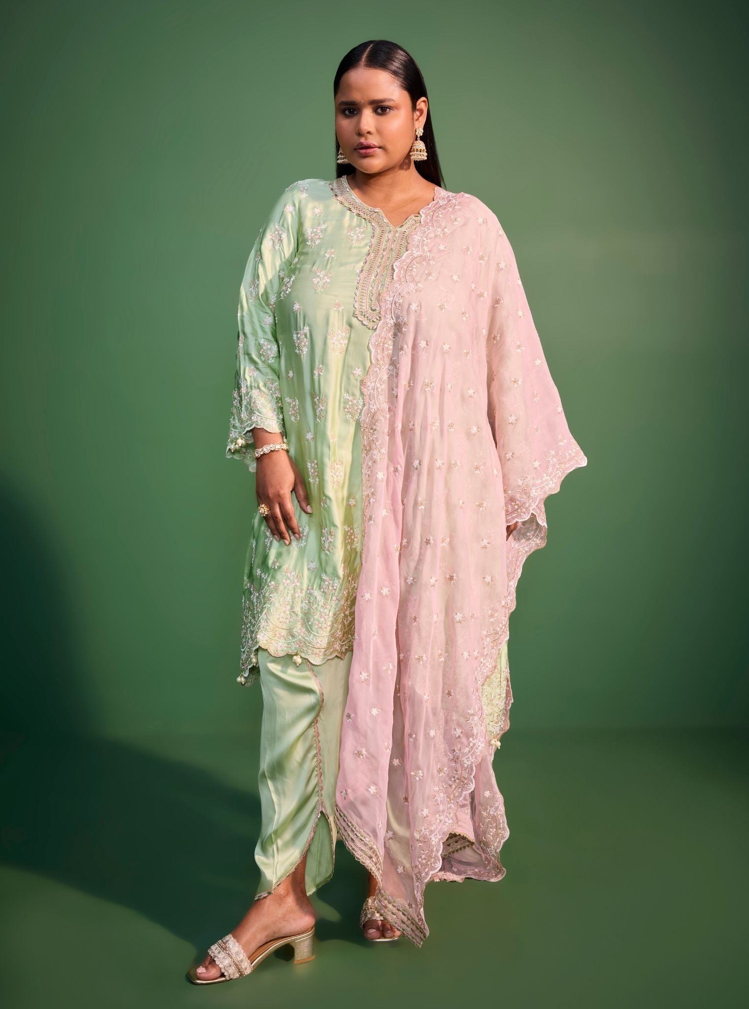 Mangalam Cupro Satin Green Kurta Set