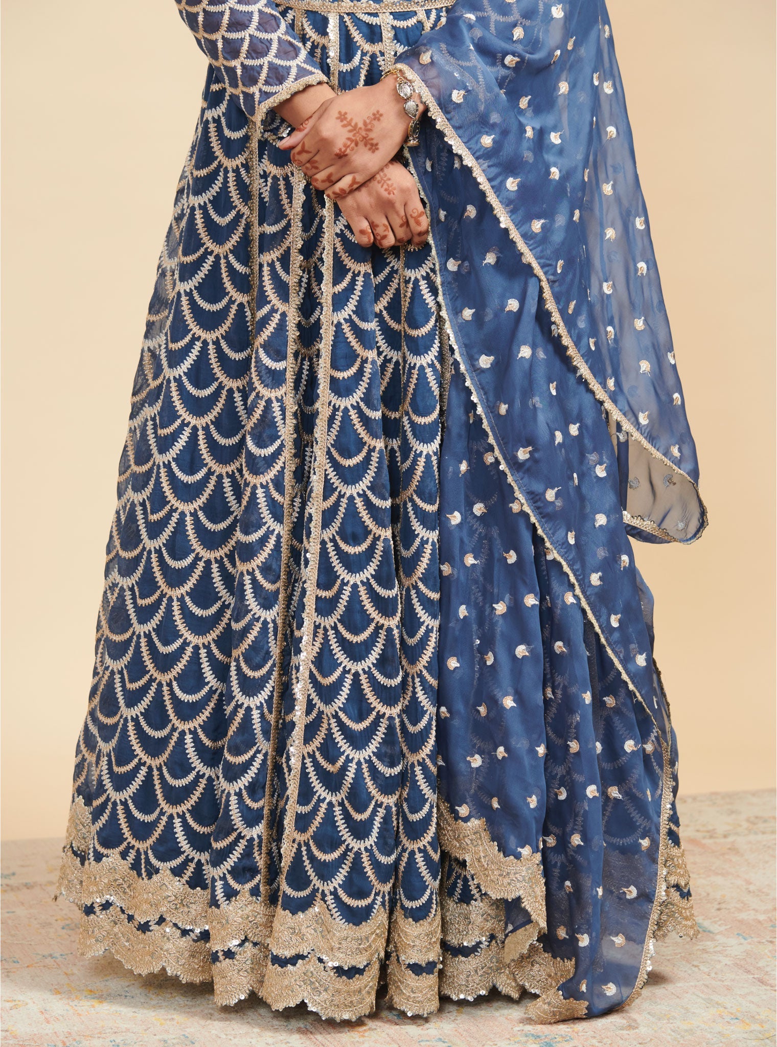Mulmul Organza Morni Navy Lehenga