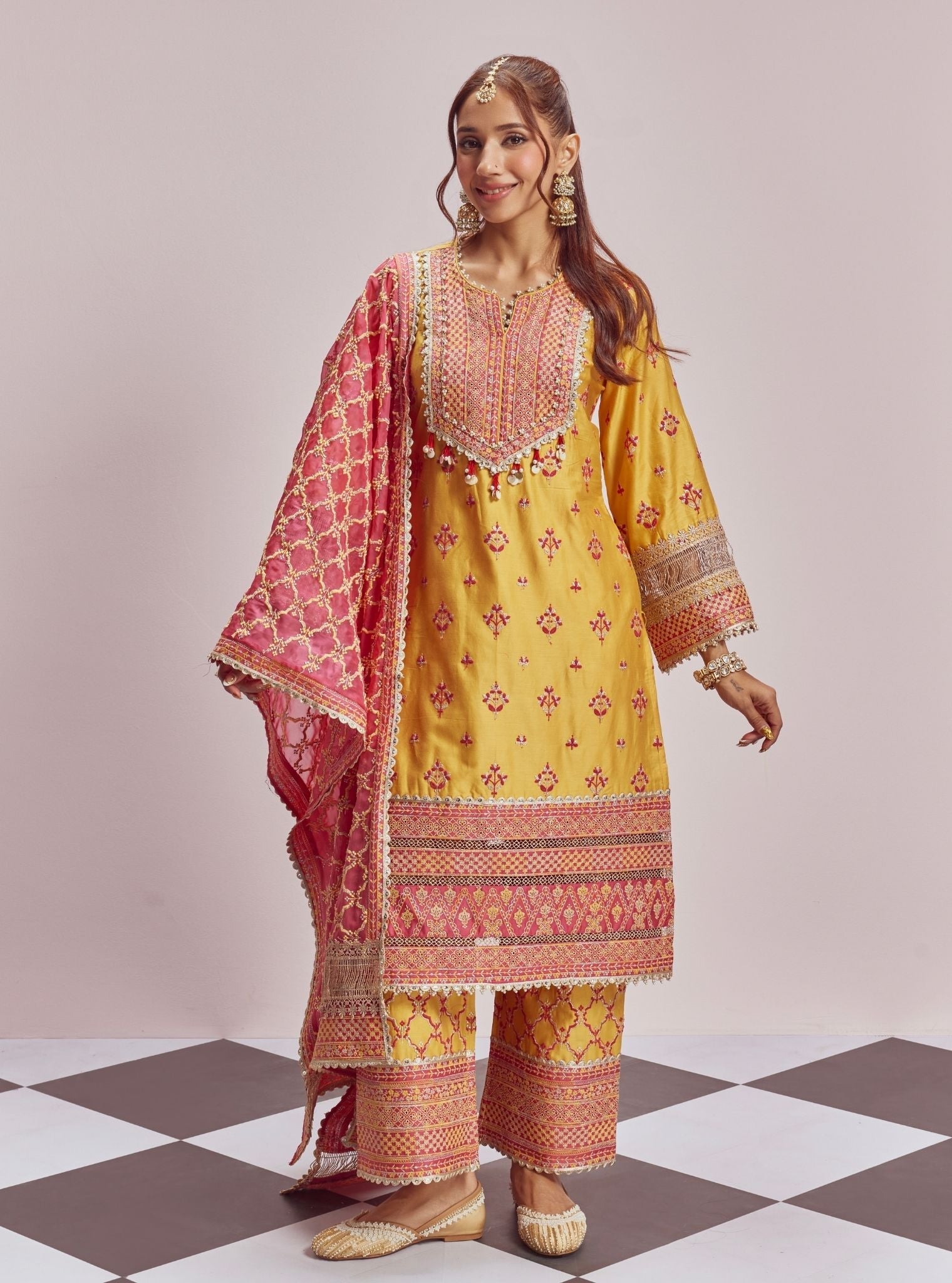 Mulmul Pima Satin Shagun Yellow Kurta With Mulmul Pima Satin Shagun Yellow Pant