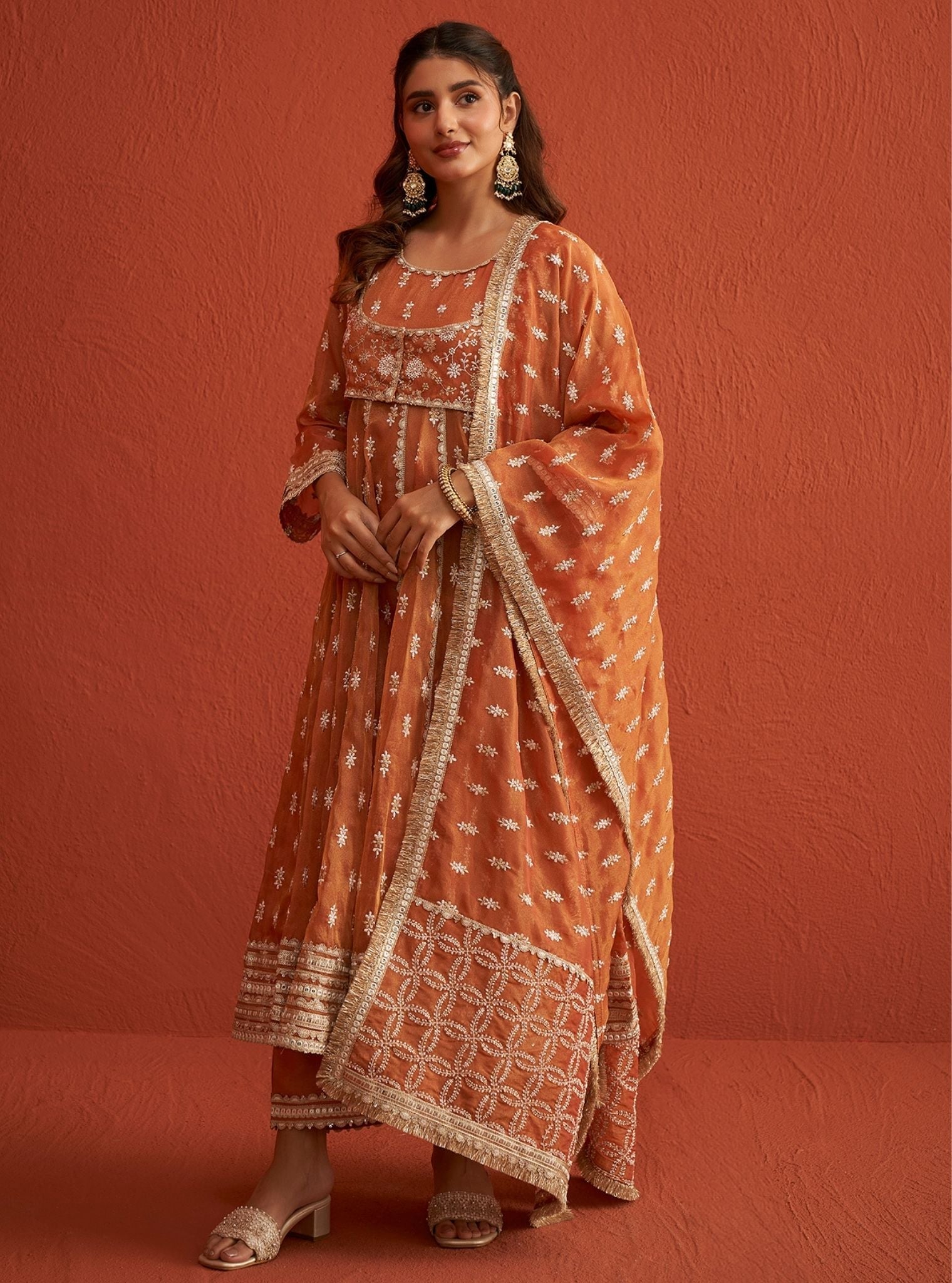 Mulmul Bemberg Tissue Genda Burnt Orange Anarkali Kurta