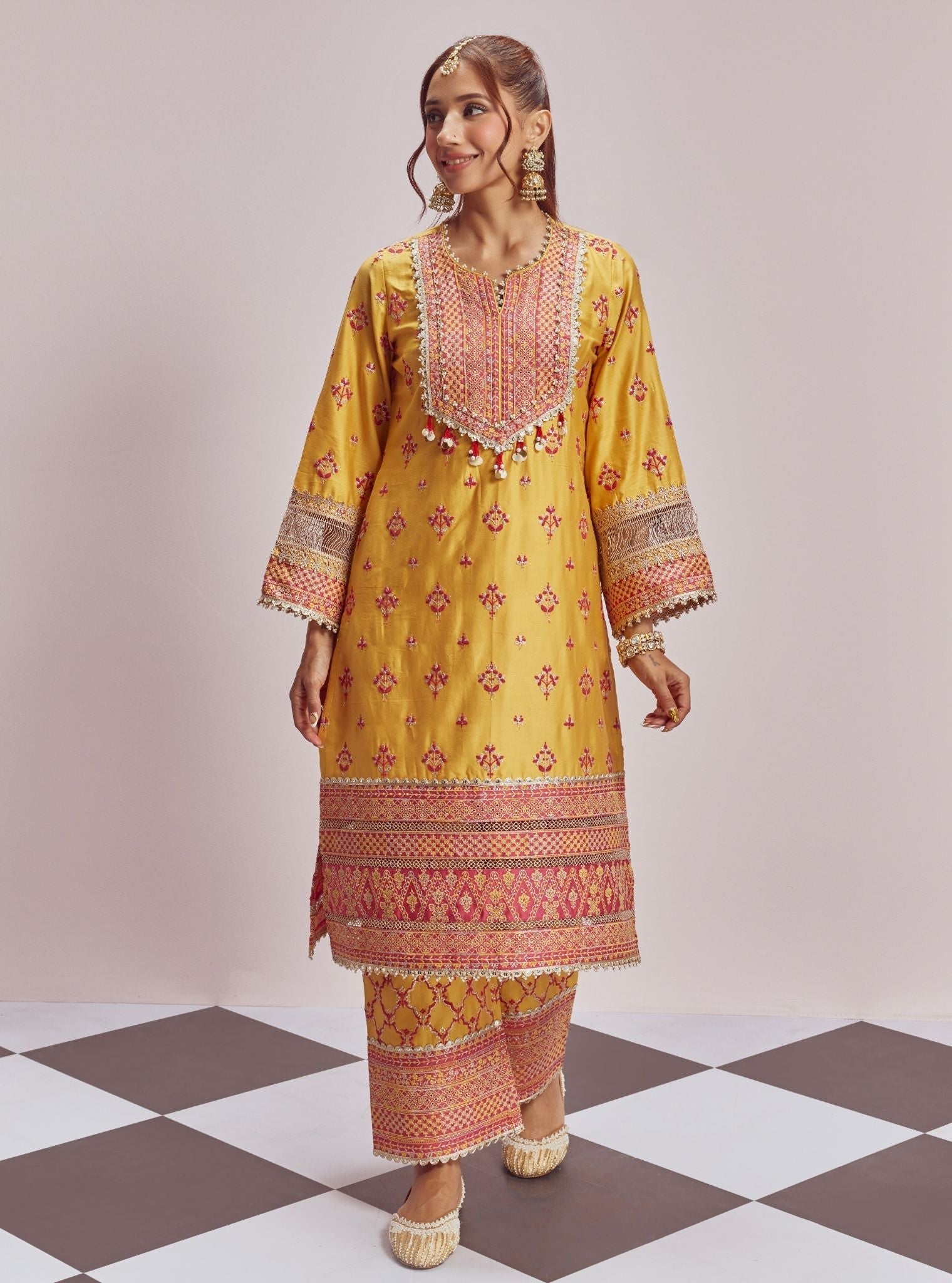 Mulmul Pima Satin Shagun Yellow Kurta With Mulmul Pima Satin Shagun Yellow Pant