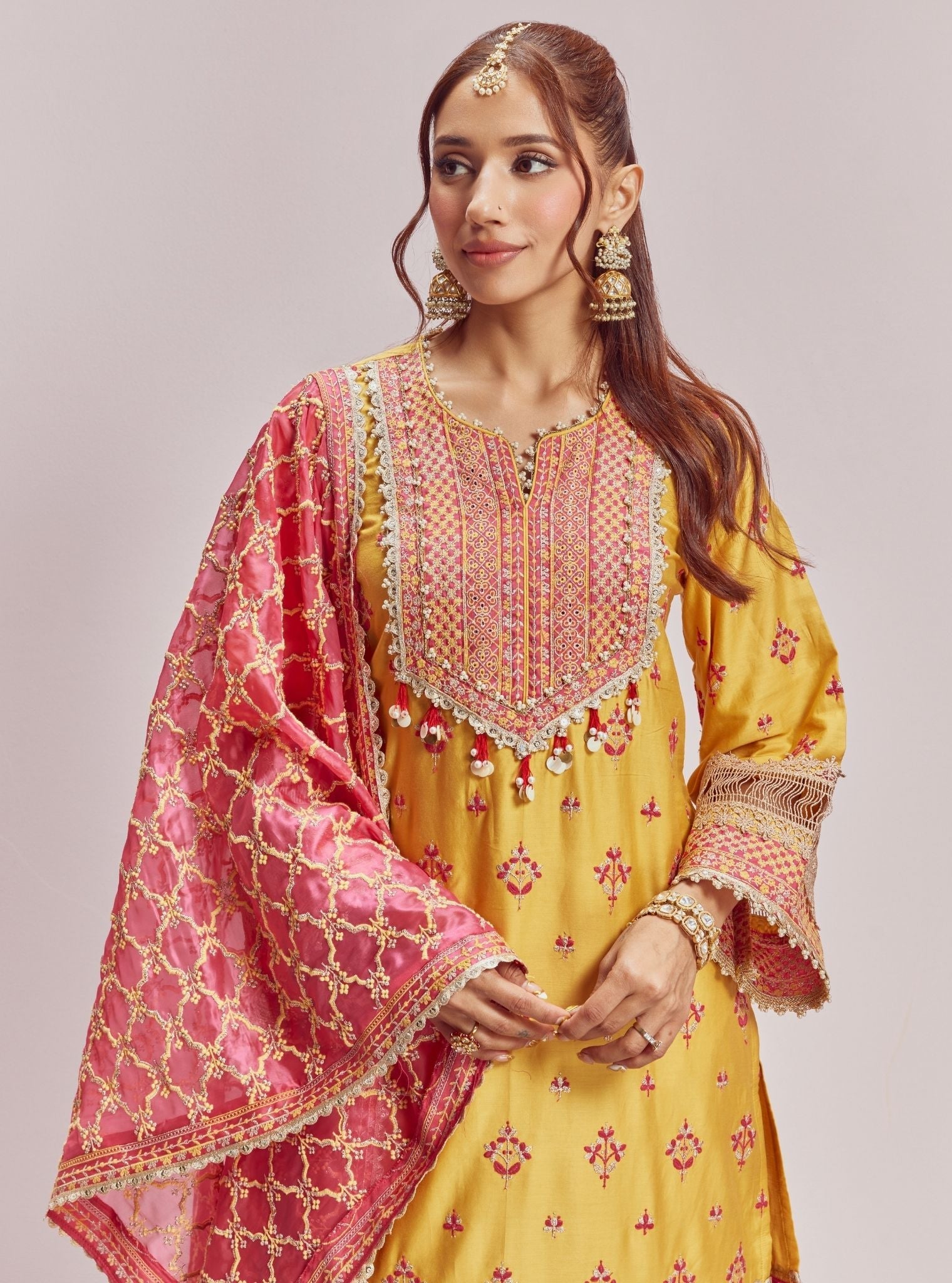 Mulmul Pima Satin Shagun Yellow Kurta With Mulmul Pima Satin Shagun Yellow Pant