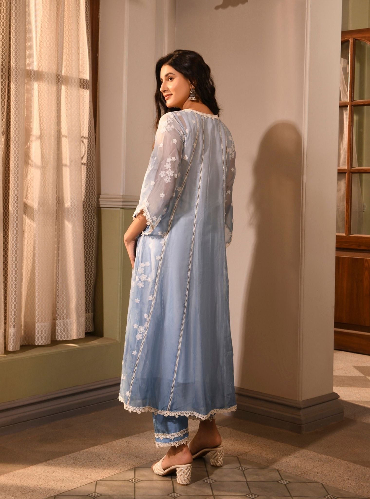 Mulmul Organza Aira Blue Anarkali Kurta With Mulmul Cotton Aira Blue Pant