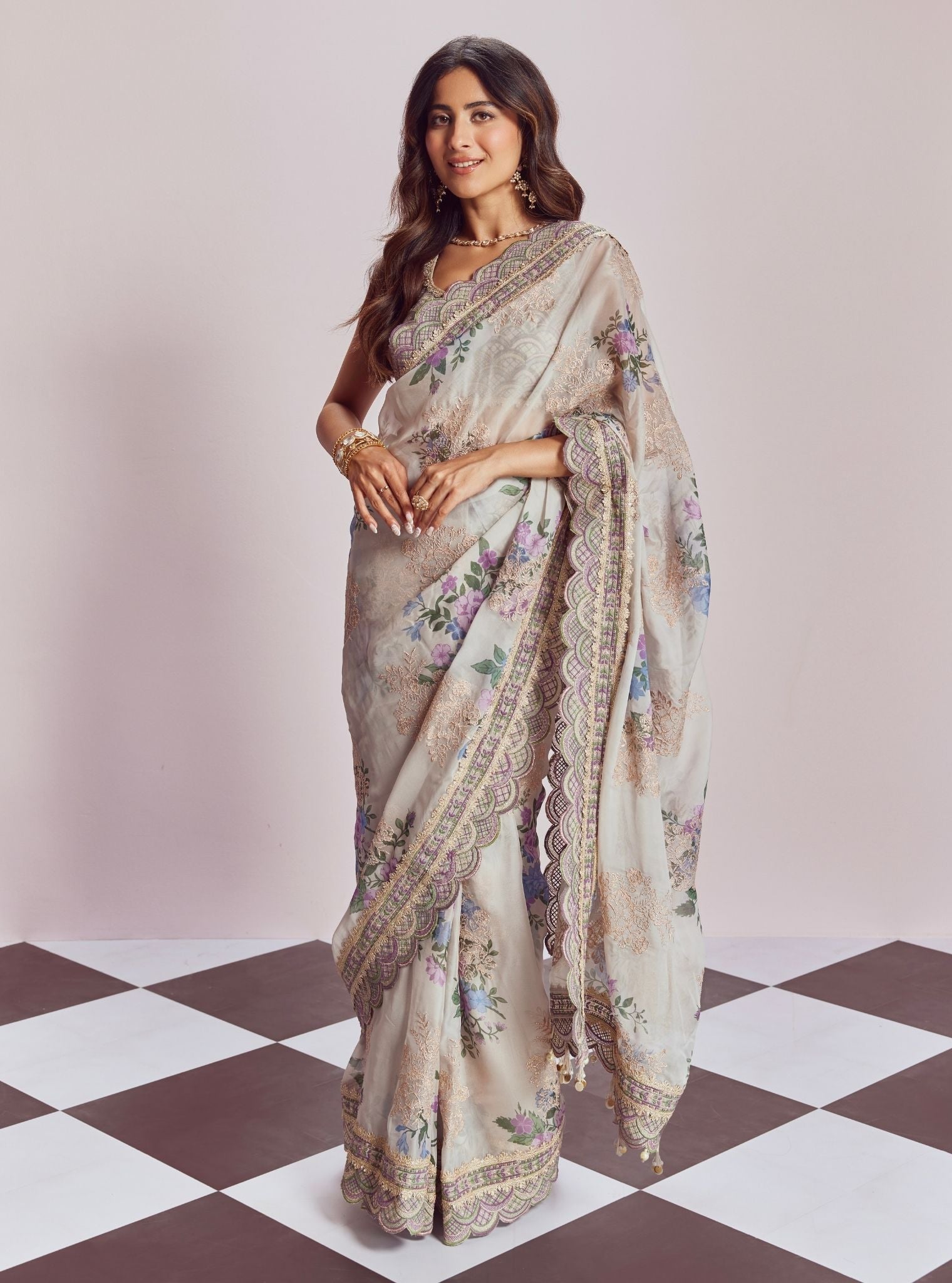 Mulmul Organza Printed Swar Dull White Saree