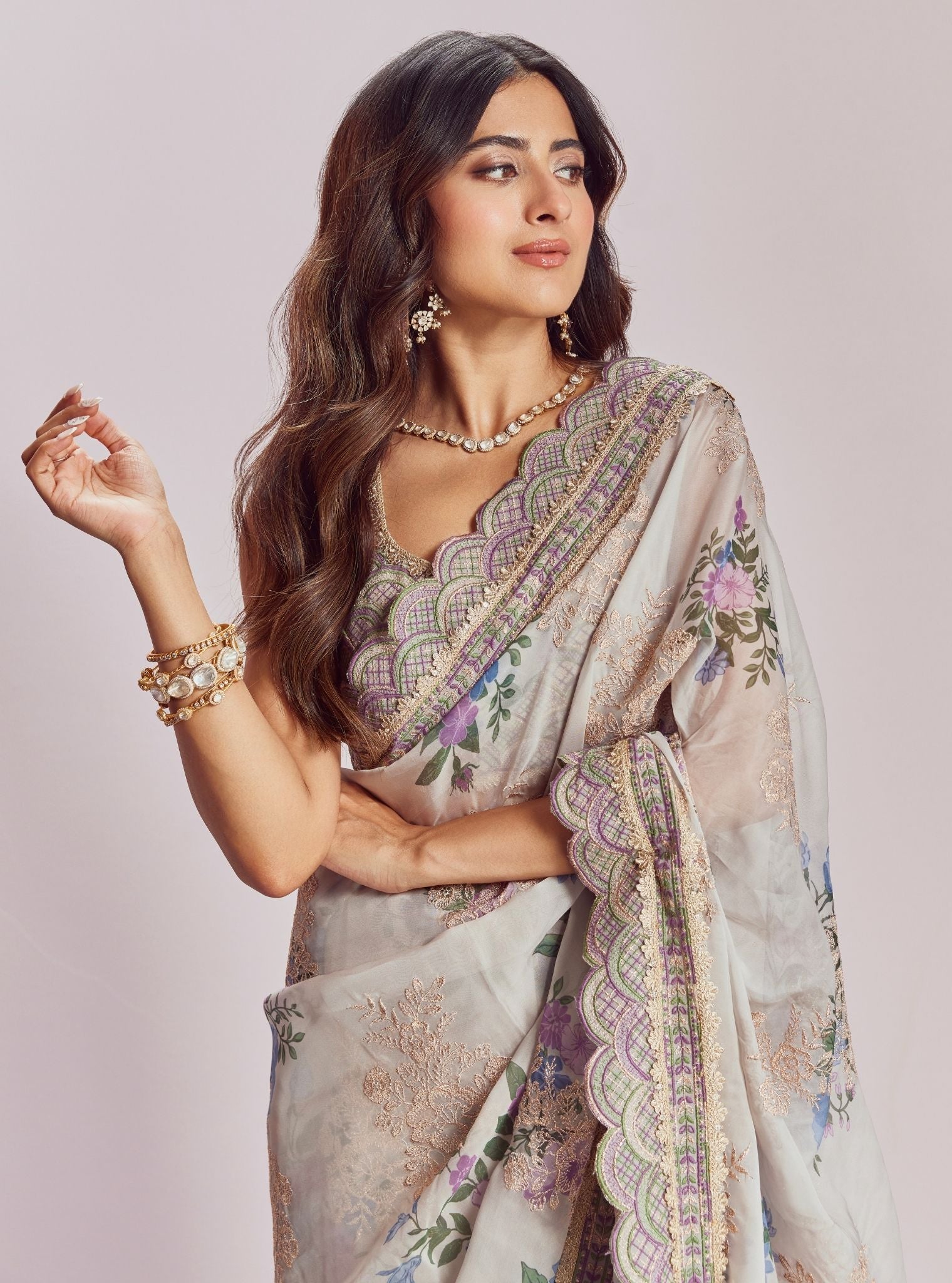 Mulmul Organza Printed Swar Dull White Saree
