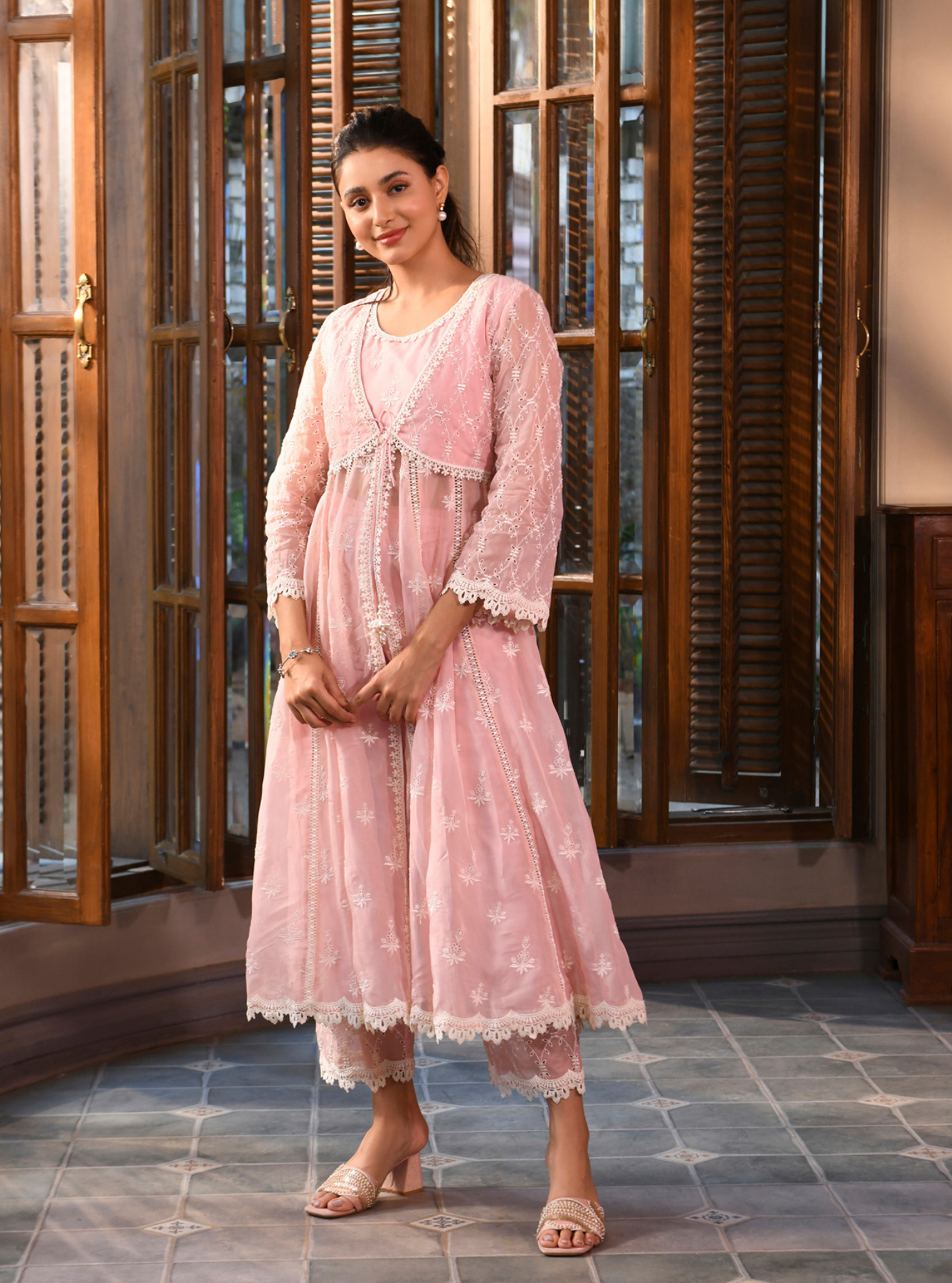 Mulmul Organza Nyla Pink Anarkali Kurta With Mulmul Cotton Nyla Pink Pant