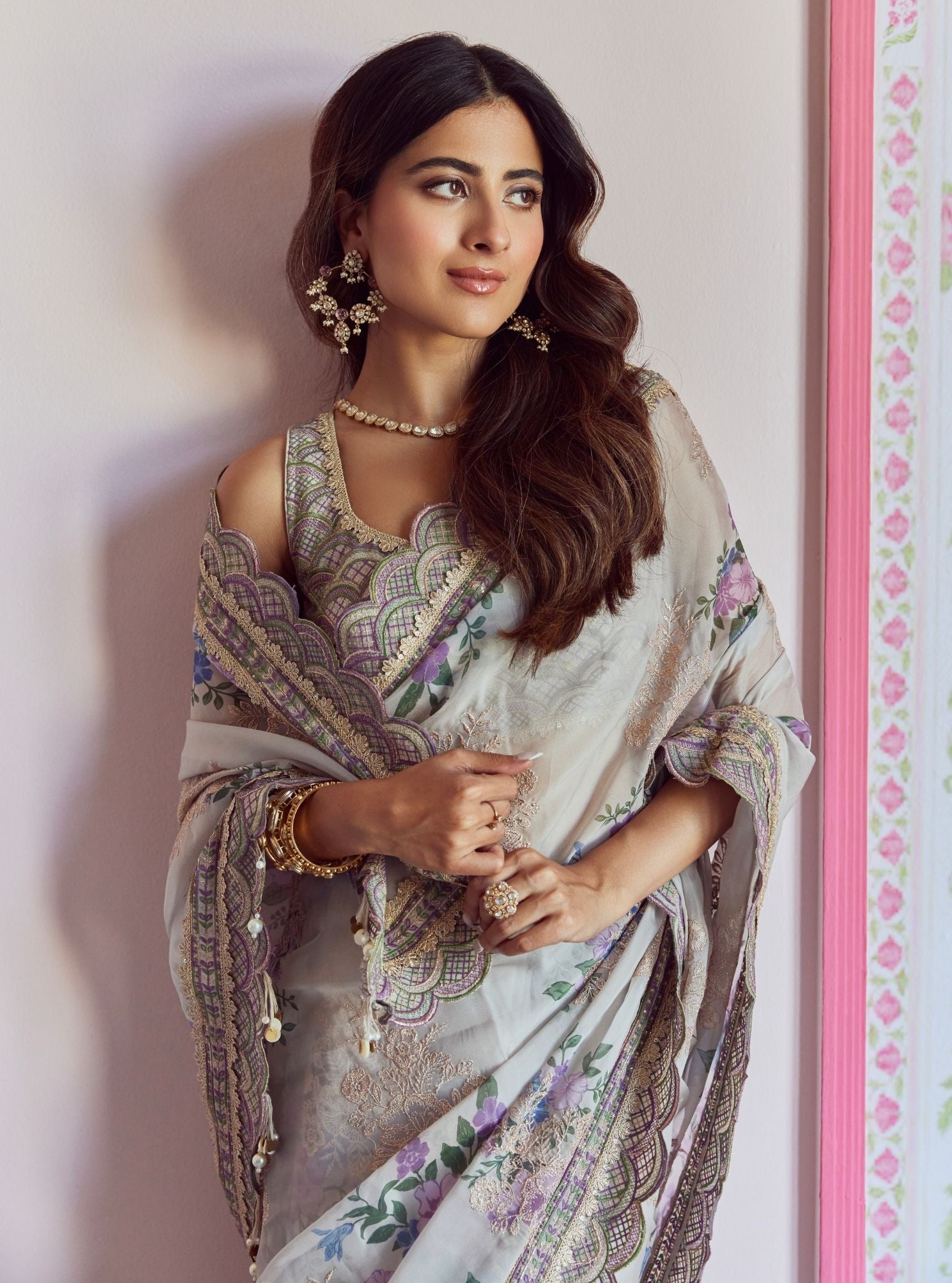 Mulmul Organza Printed Swar Dull White Saree