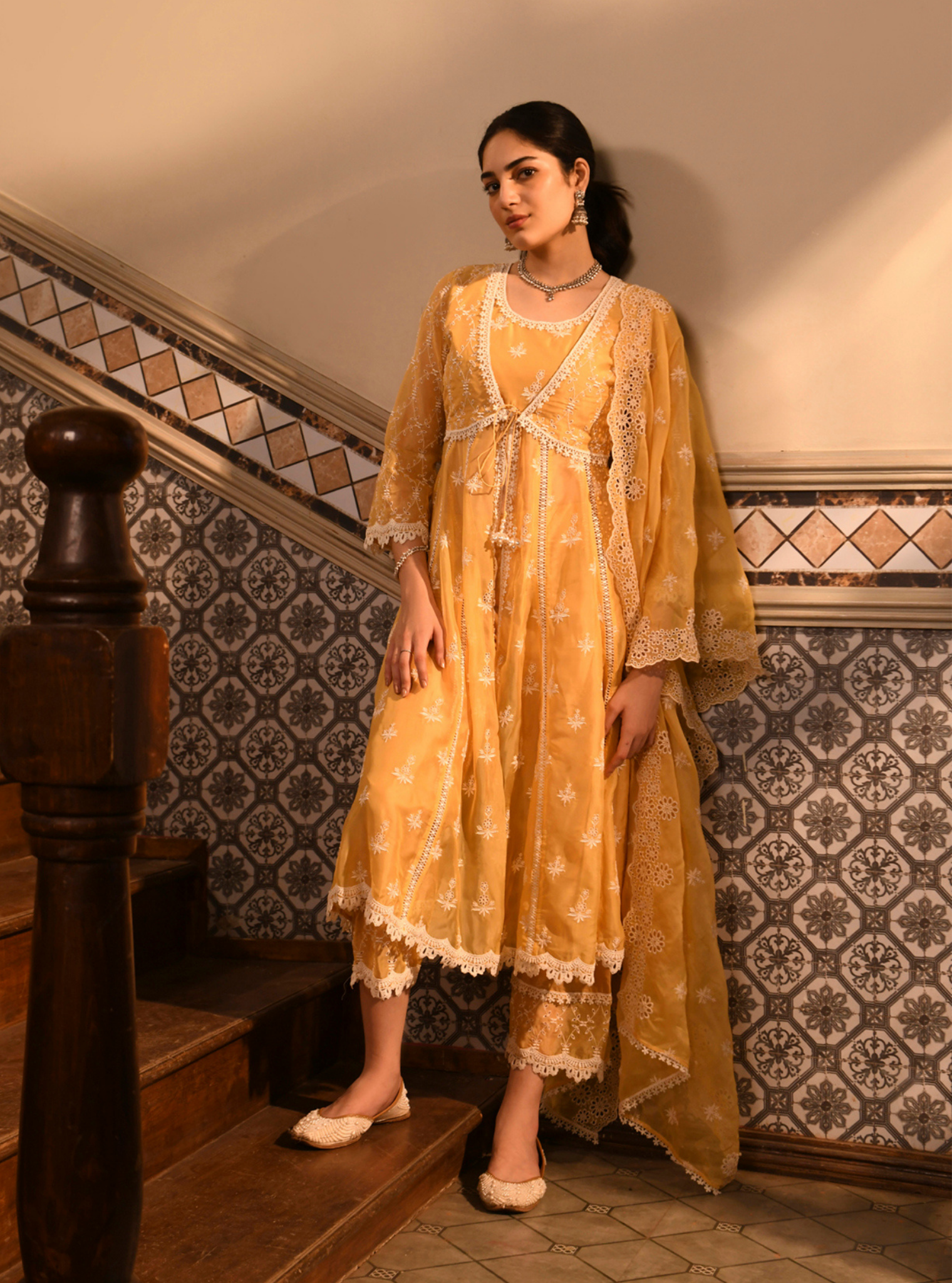 Mulmul Organza Nyla Yellow Anarkali Kurta With Mulmul Cotton Nyla Yellow Pant